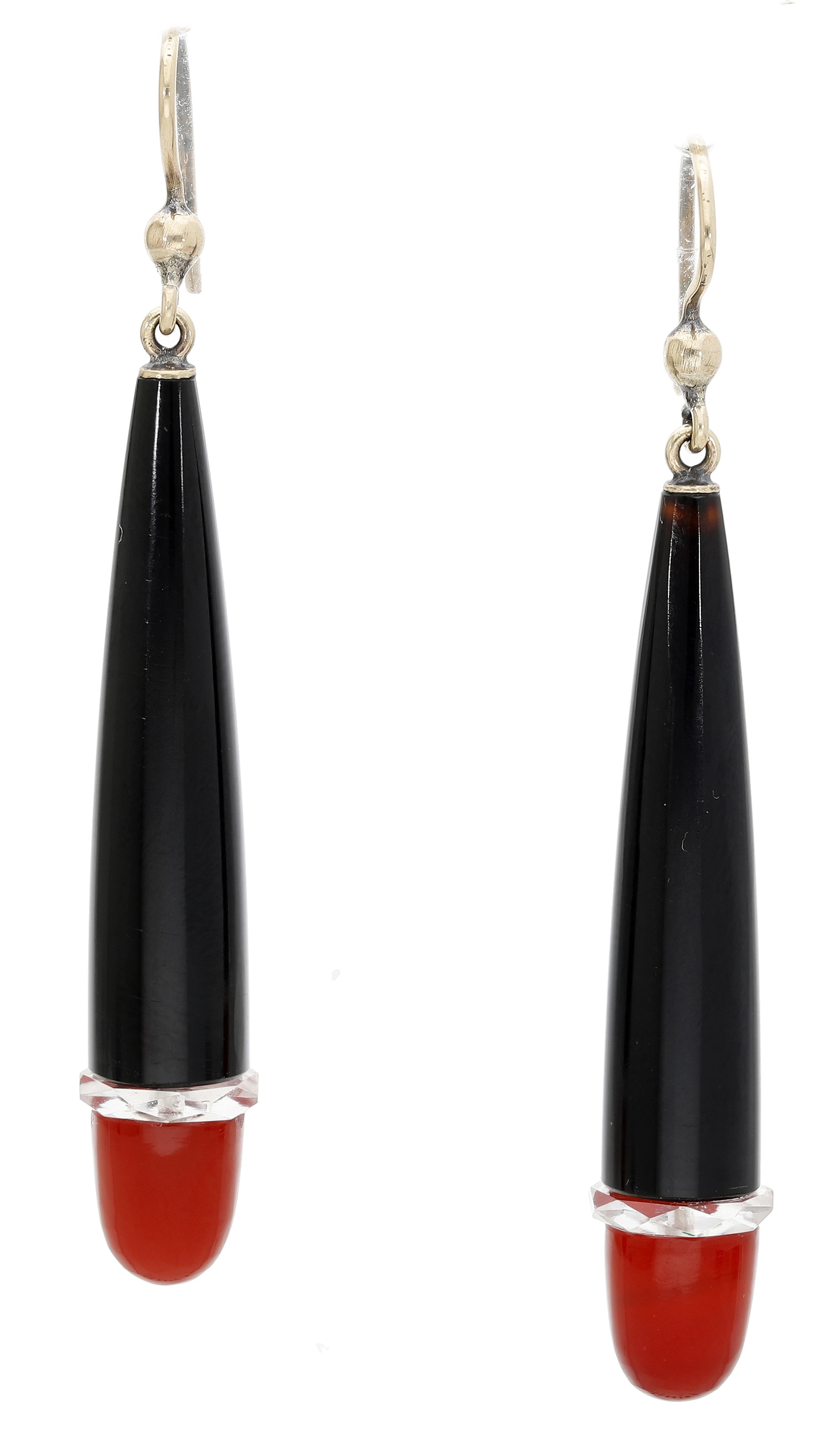 A pair of Art Deco onyx, carnelian and rock crystal ear pendants