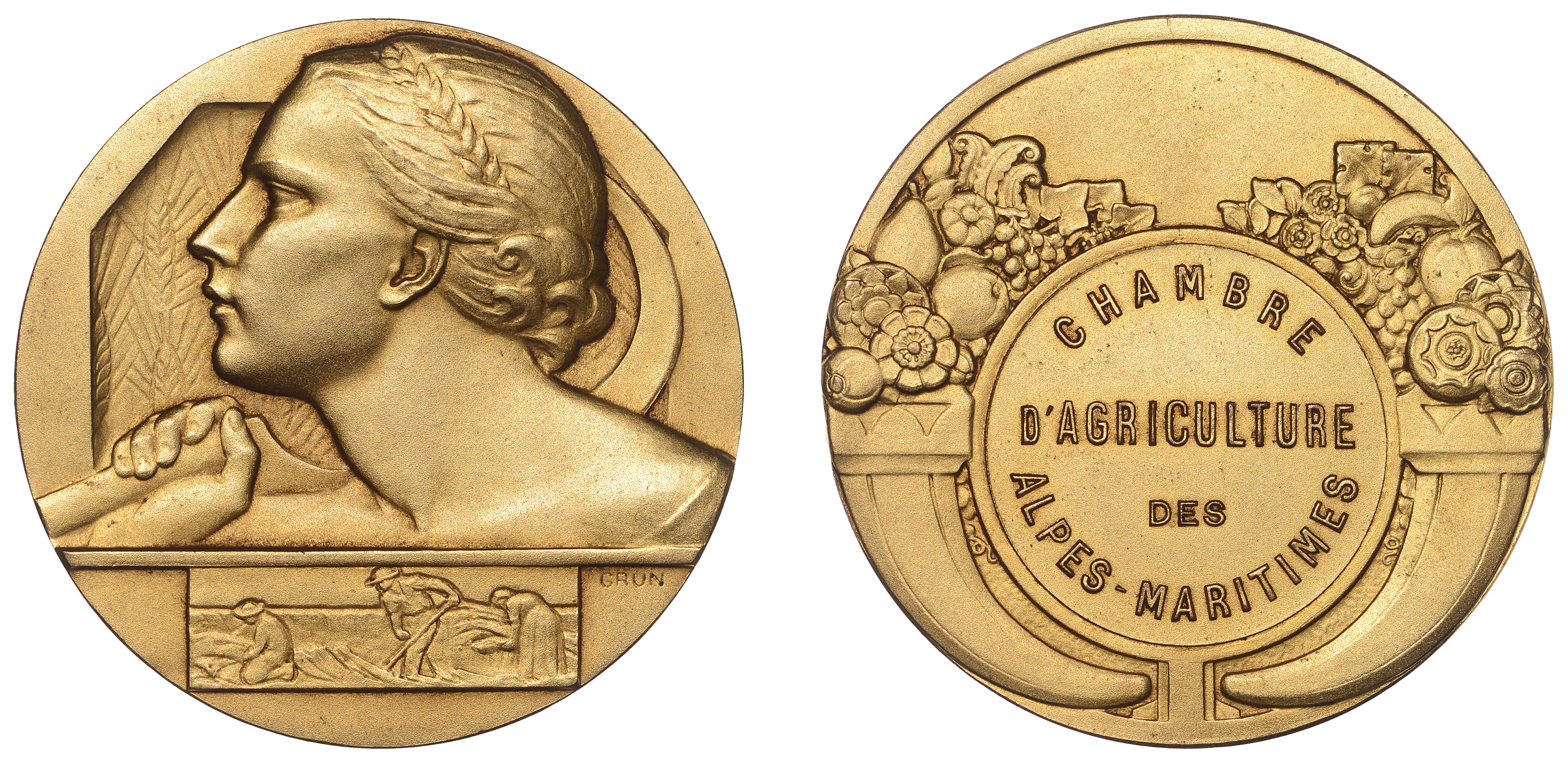 FRANCE, Ceres, c. 1930, an Art Déco gilt-bronze medal by S. Grün for