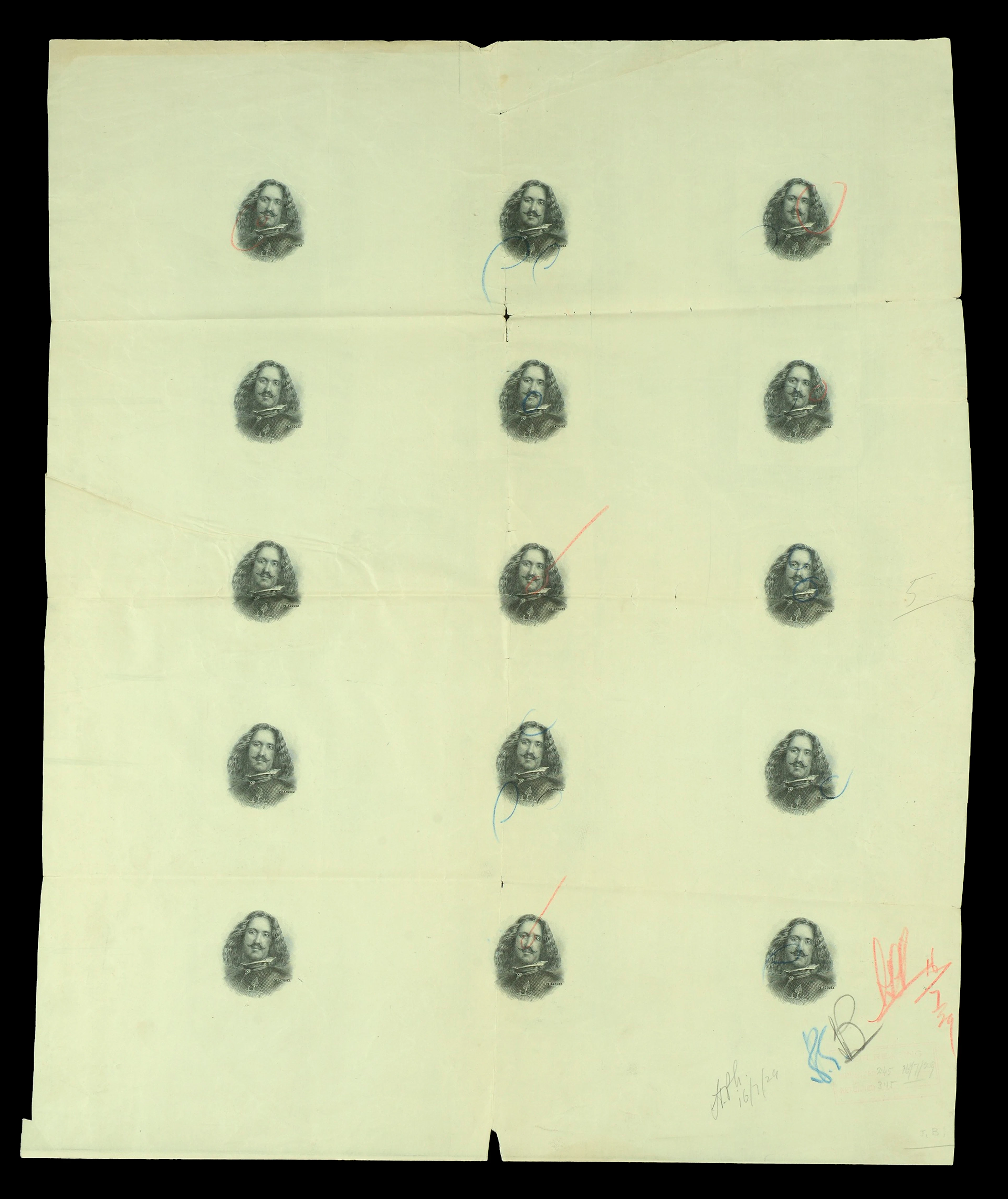 Banco de Espana, a sheet of 15 portraits of Diego Velazquez, as used