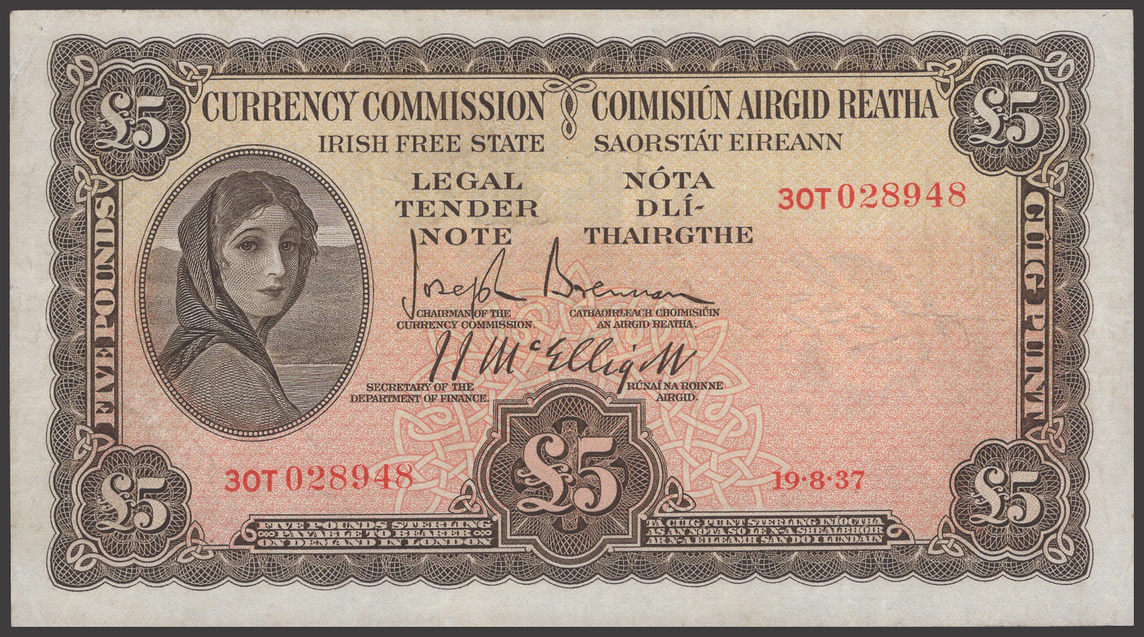 Currency Commission, Irish Free State, £5, 19 August 1937, serial