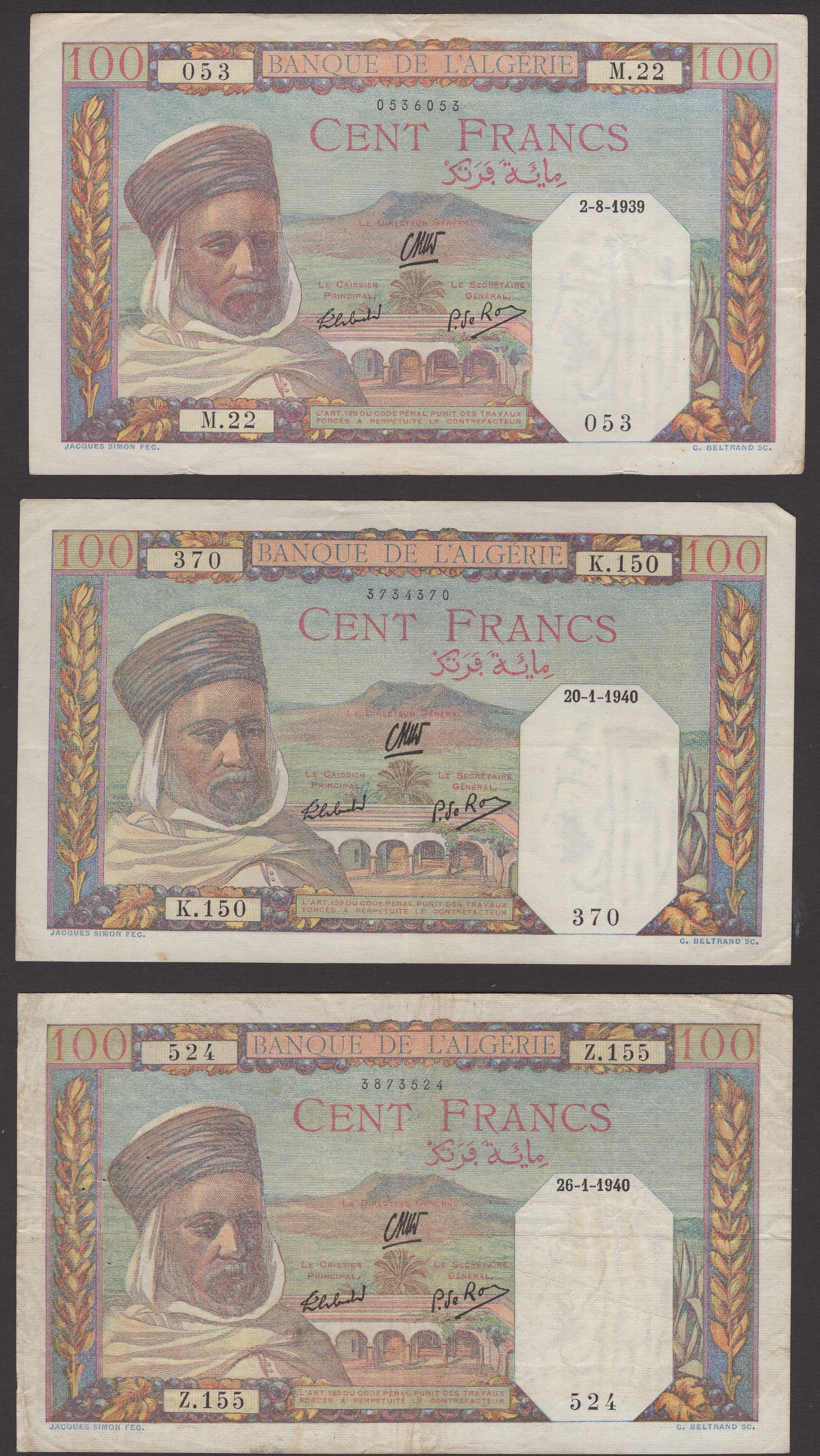 Banque de l’Algerie, 100 Francs (7), 2 August 1939, 20 January 1940