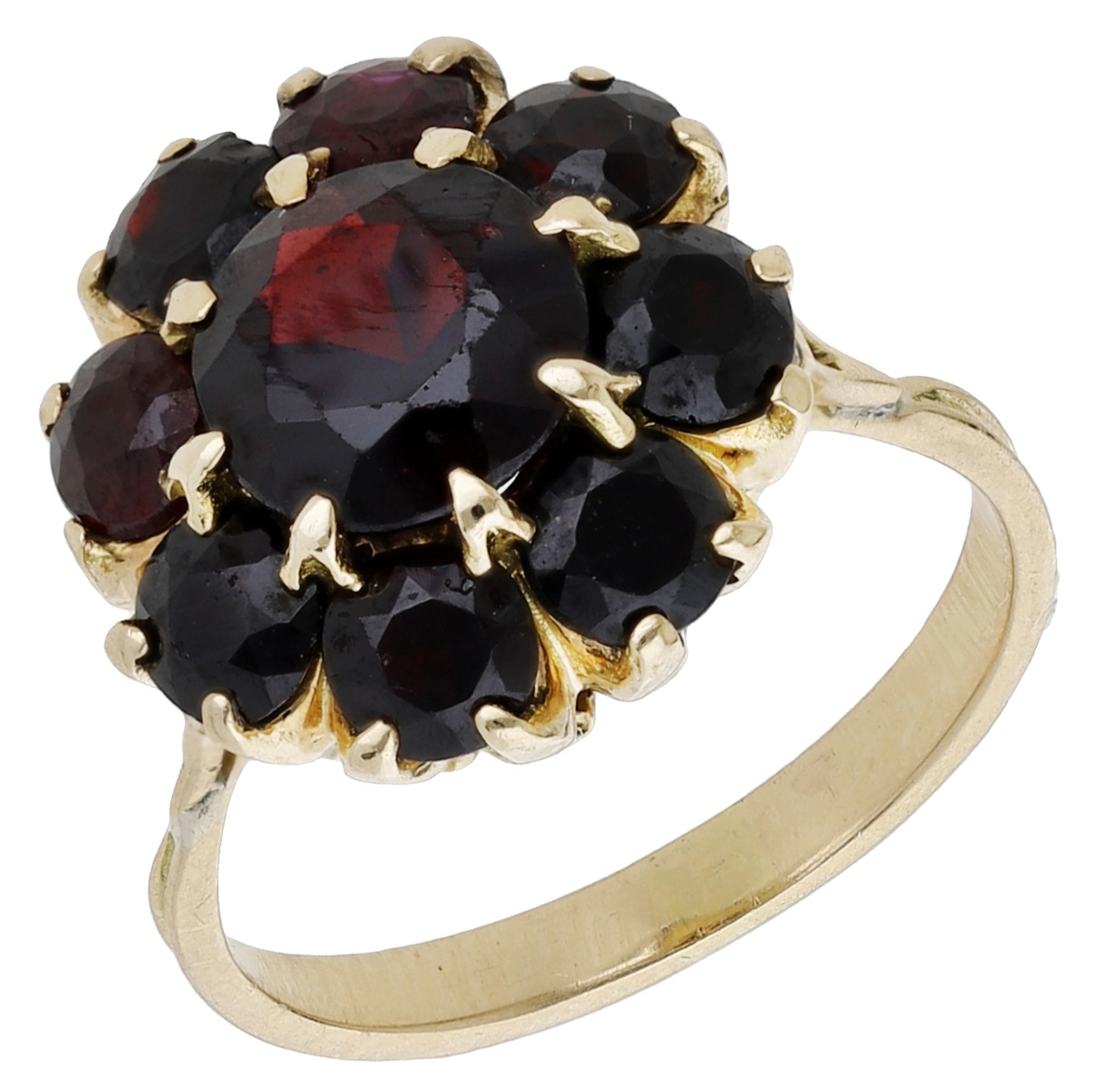 A garnet cluster ring, the circular-cut garnet within a surround of