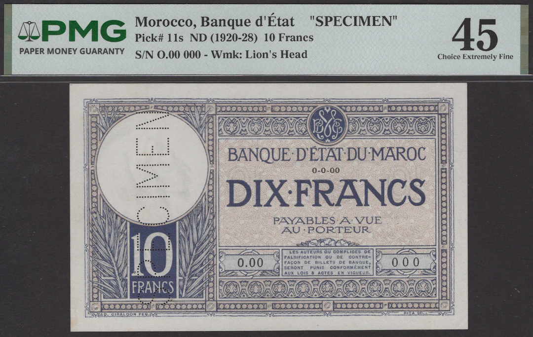 Banque d’Etat du Maroc, specimen 10 Francs, ND (1920-28), serial number