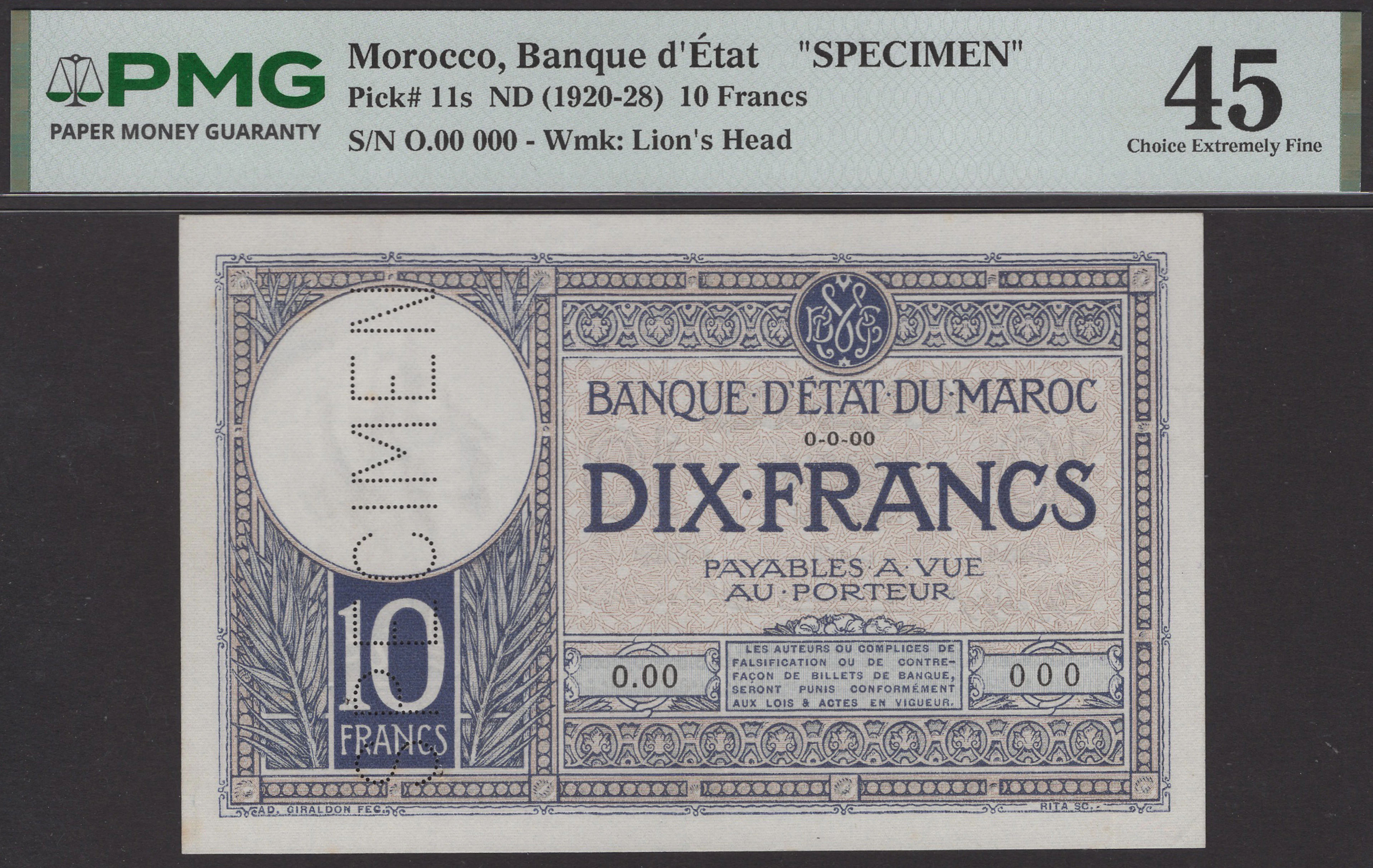 Banque d’Etat du Maroc, specimen 10 Francs, ND (1920-28), serial number