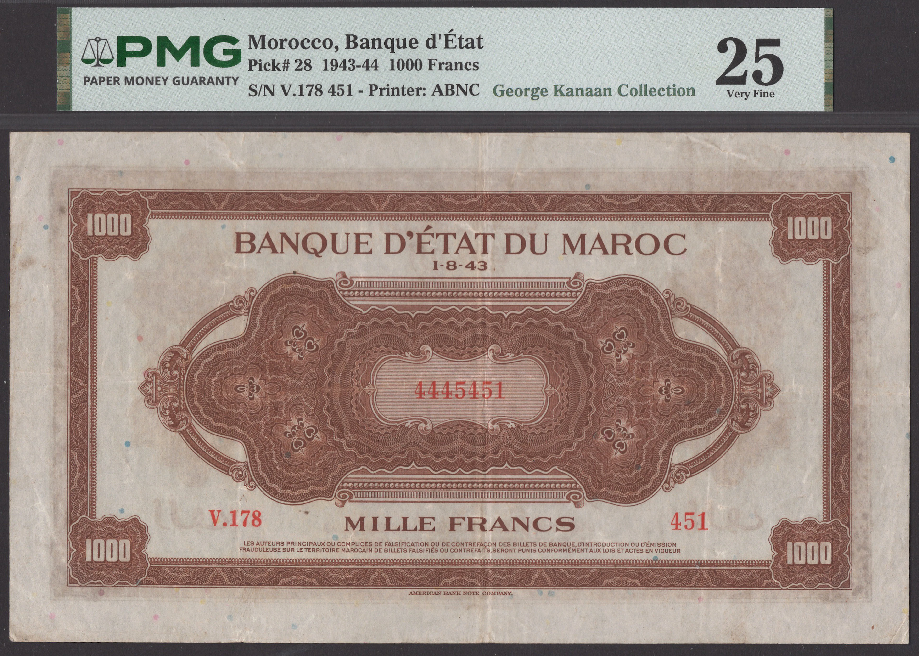 Banque d’Etat du Maroc, 1000 Francs, 1 August 1943, serial number