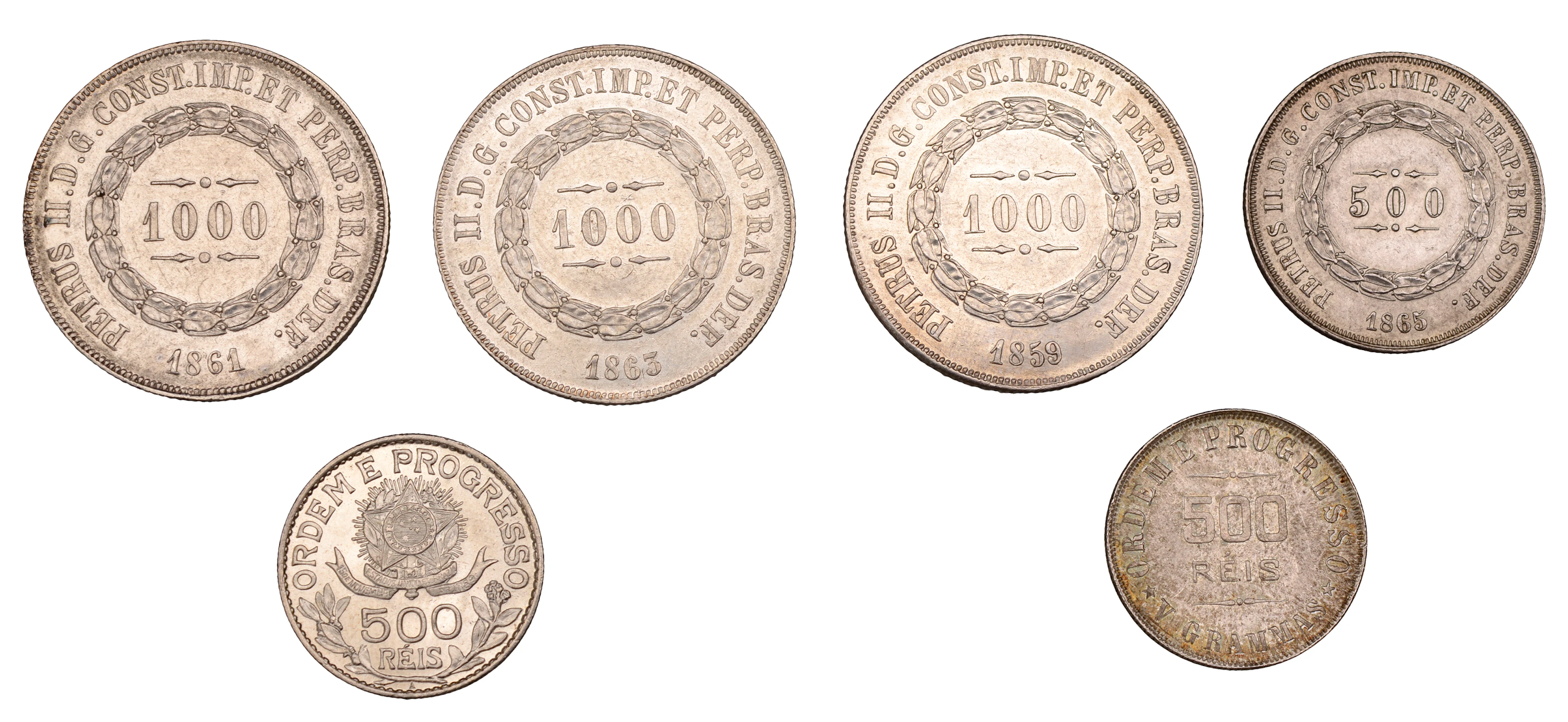 Brazil, Pedro II, 1000 Reis (3), 1859, 1861, 1863, 500 Reis, 1865