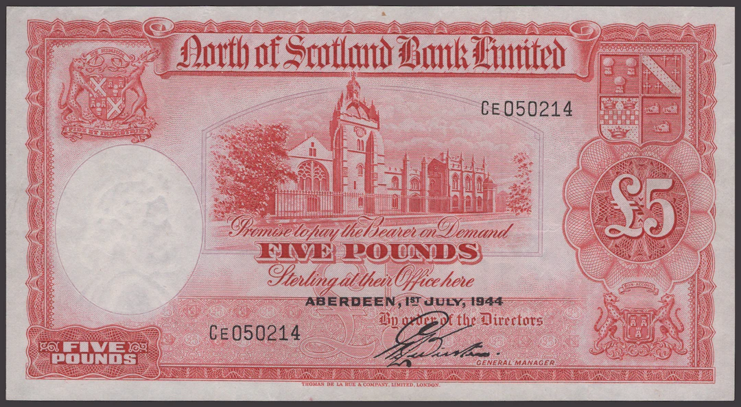 North of Scotland Bank Limited, £5, 1 July 1944, serial number CE050214