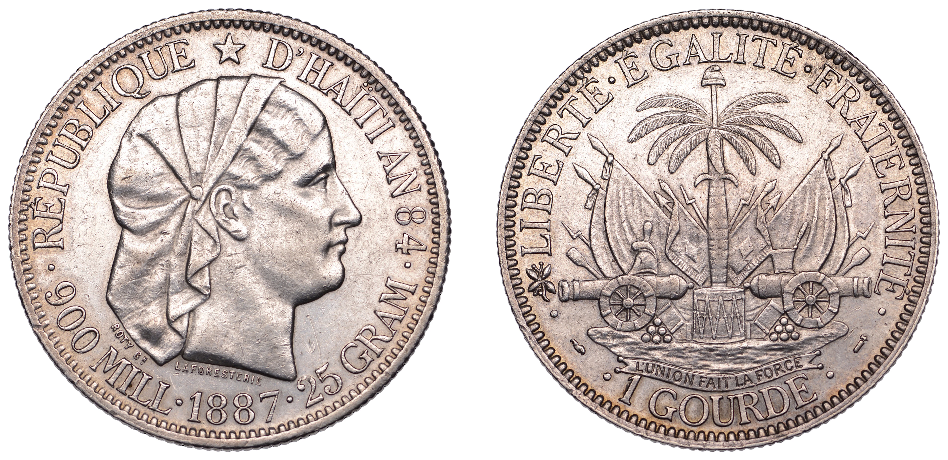 Haiti, First Republic, Gourde, 1887, Paris (KM 46). Lightly cleaned