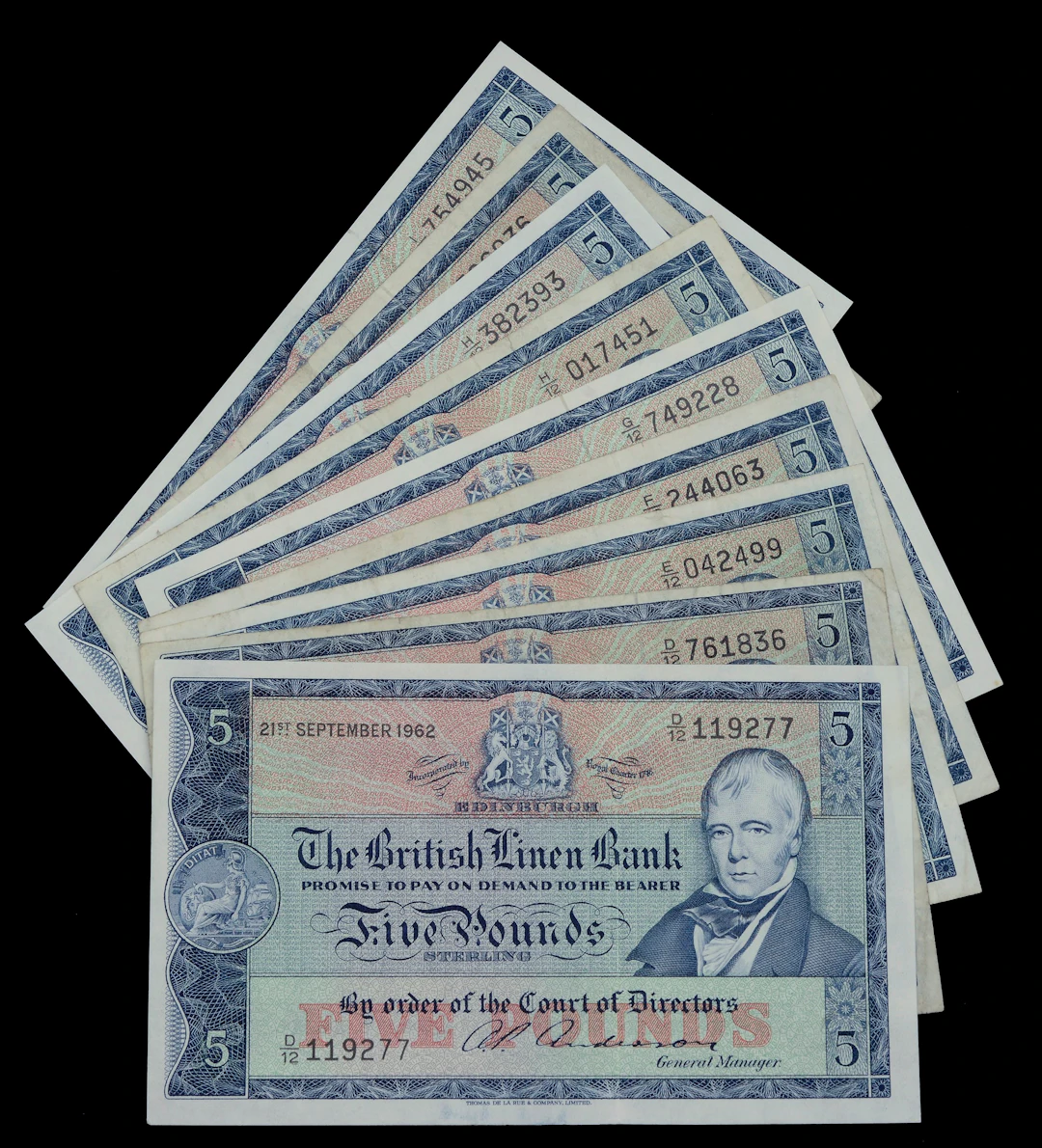British Linen Bank, £5 (9), 21 September 1962 (2), 20 October 1962