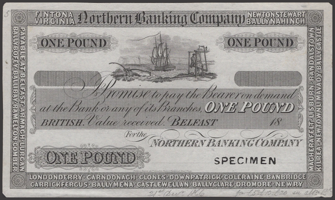Northern Banking Company, proof £1 on paper, 18- (1866), no signatures