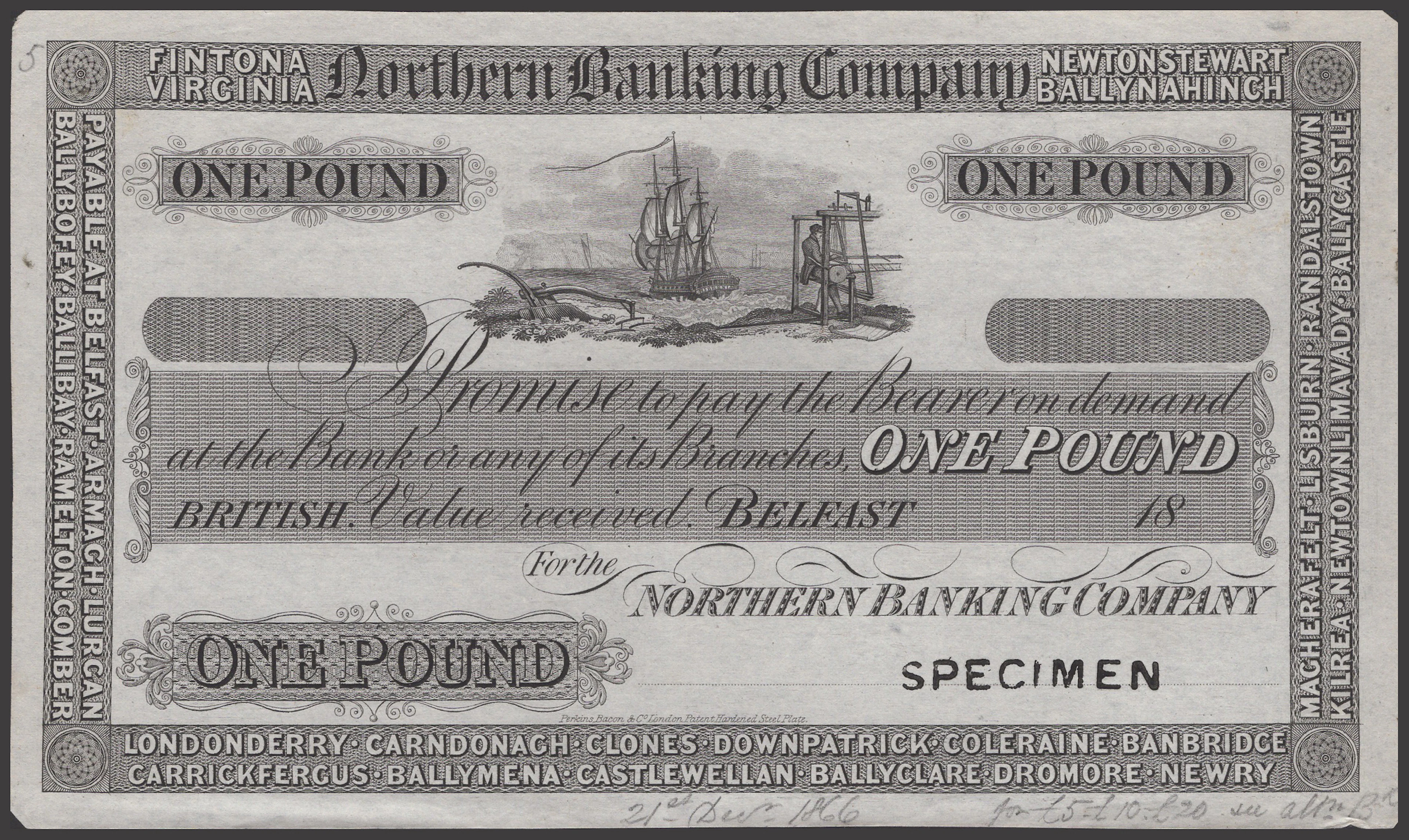 Northern Banking Company, proof £1 on paper, 18- (1866), no signatures