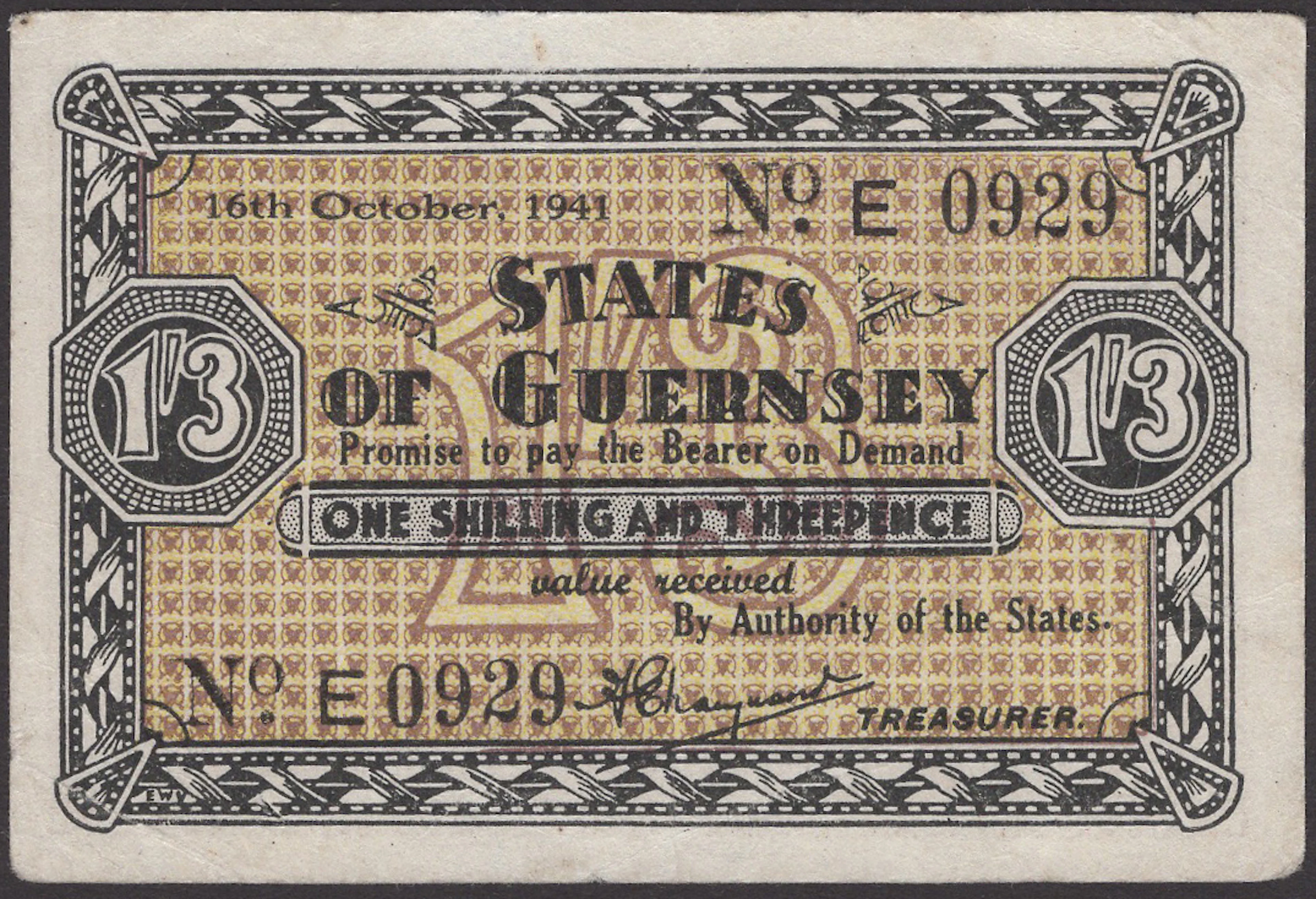 States of Guernsey, 1 Shilling and 3 Pence, 16 October 1941, serial