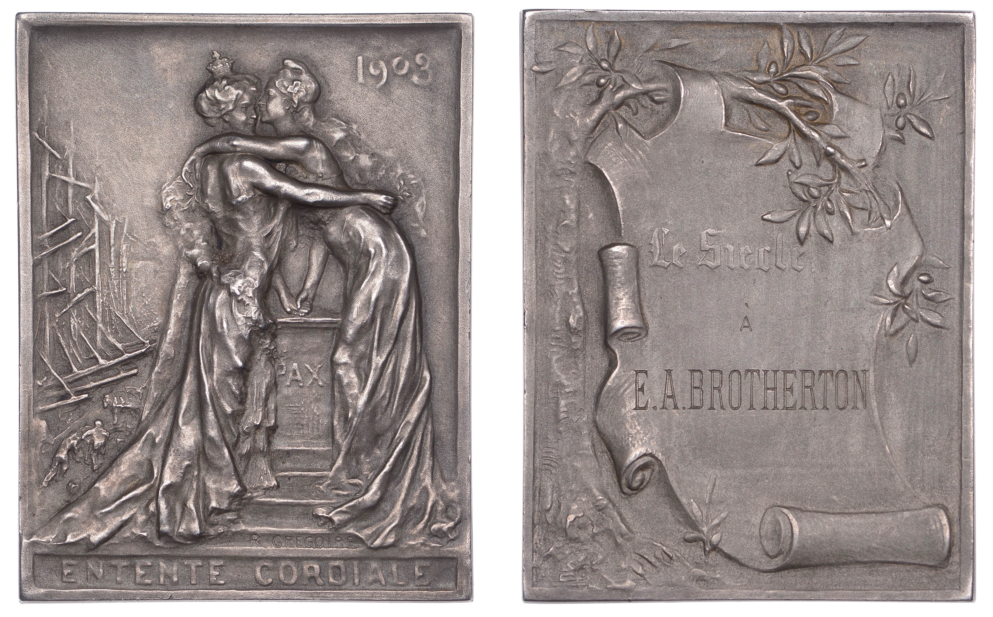 FRANCE/ENGLAND, Entente Cordiale, 1903, a silver plaque by R. Grégoire