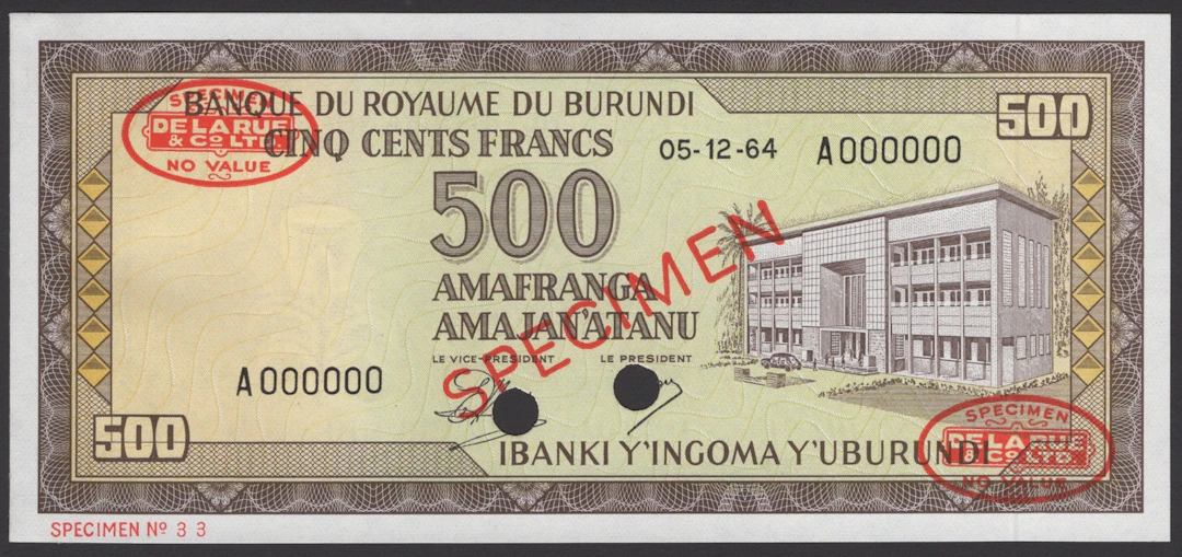 Banque du Royaume du Burundi, specimen 500 Francs, 5 December 1964