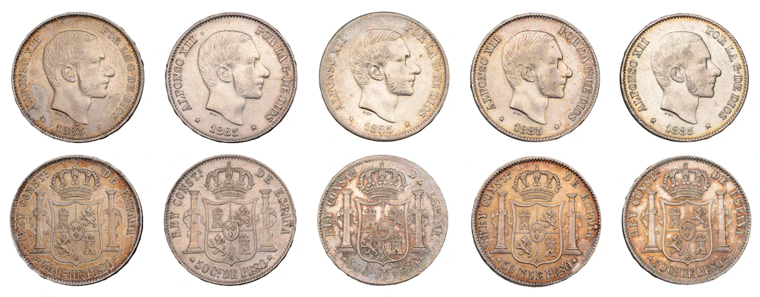 Philippines, Alfonso XIII, 50 Centavos (5), all 1885, Manila (KM150)