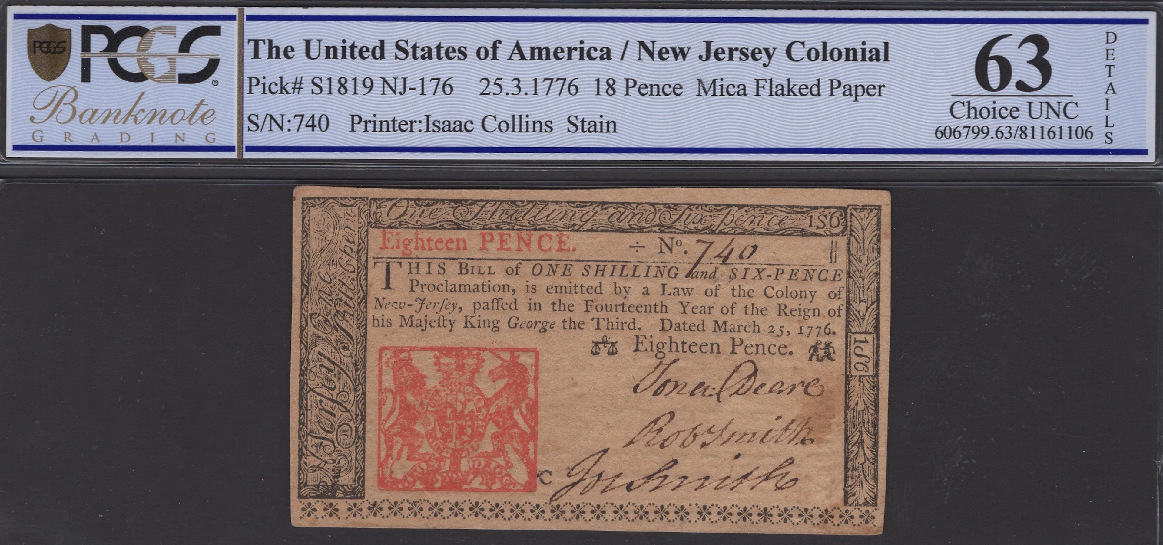 State of New Jersey, 18 Pence, 25 March 1776, serial number 740, Deere