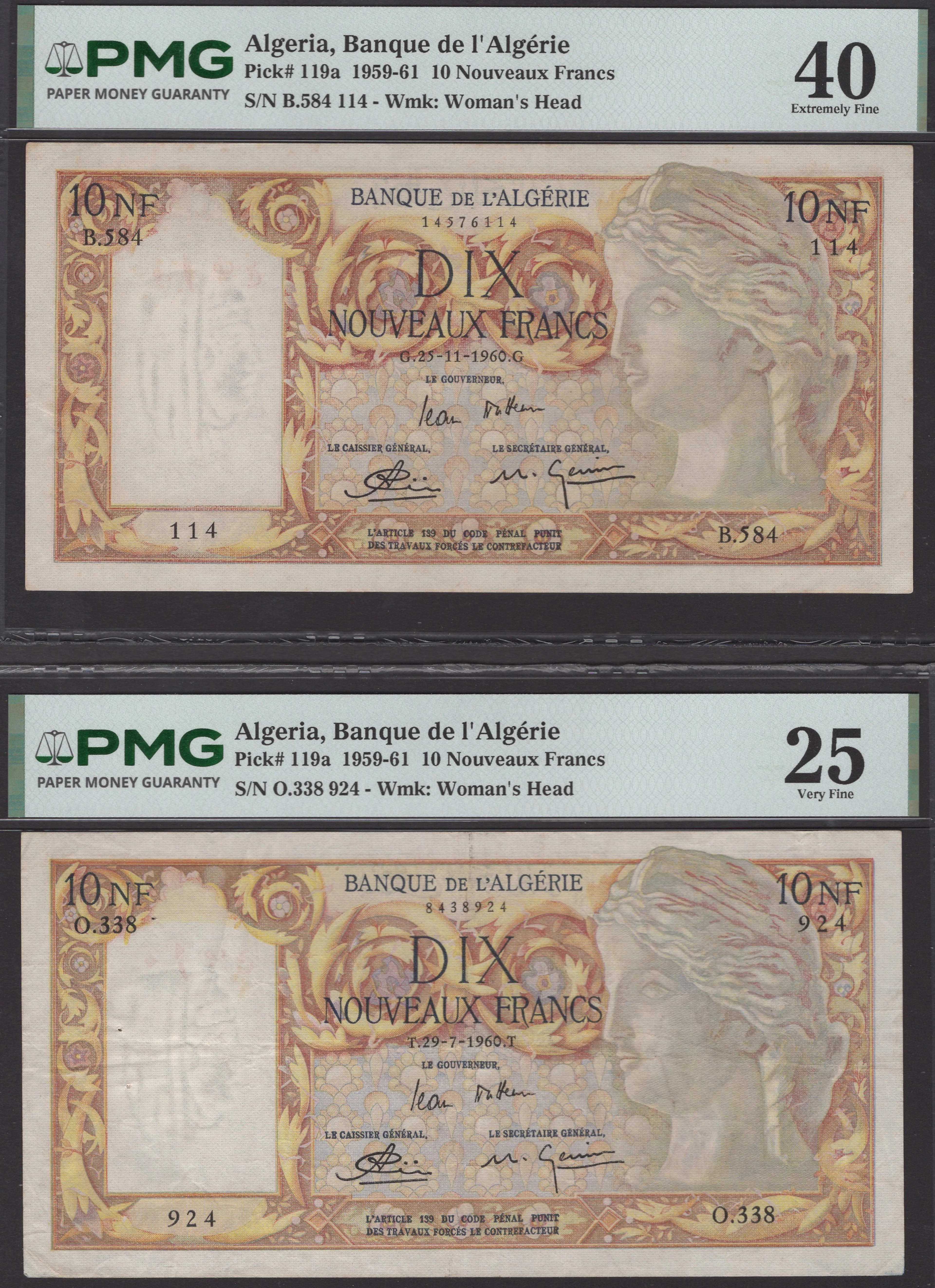 Banque de l’Algerie, 10 Nouveaux Francs (2), 25 November 1960 and