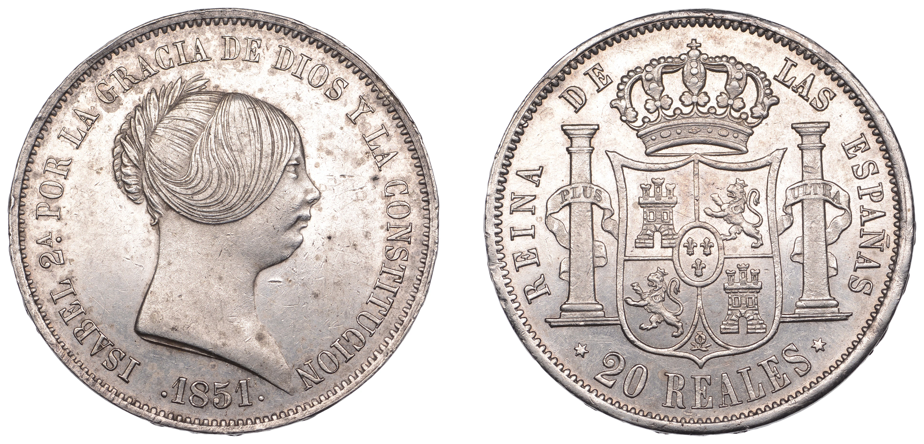 Spain, Isabella II, 20 Reales, 1851, Madrid (KM 593). Cleaned, otherwise