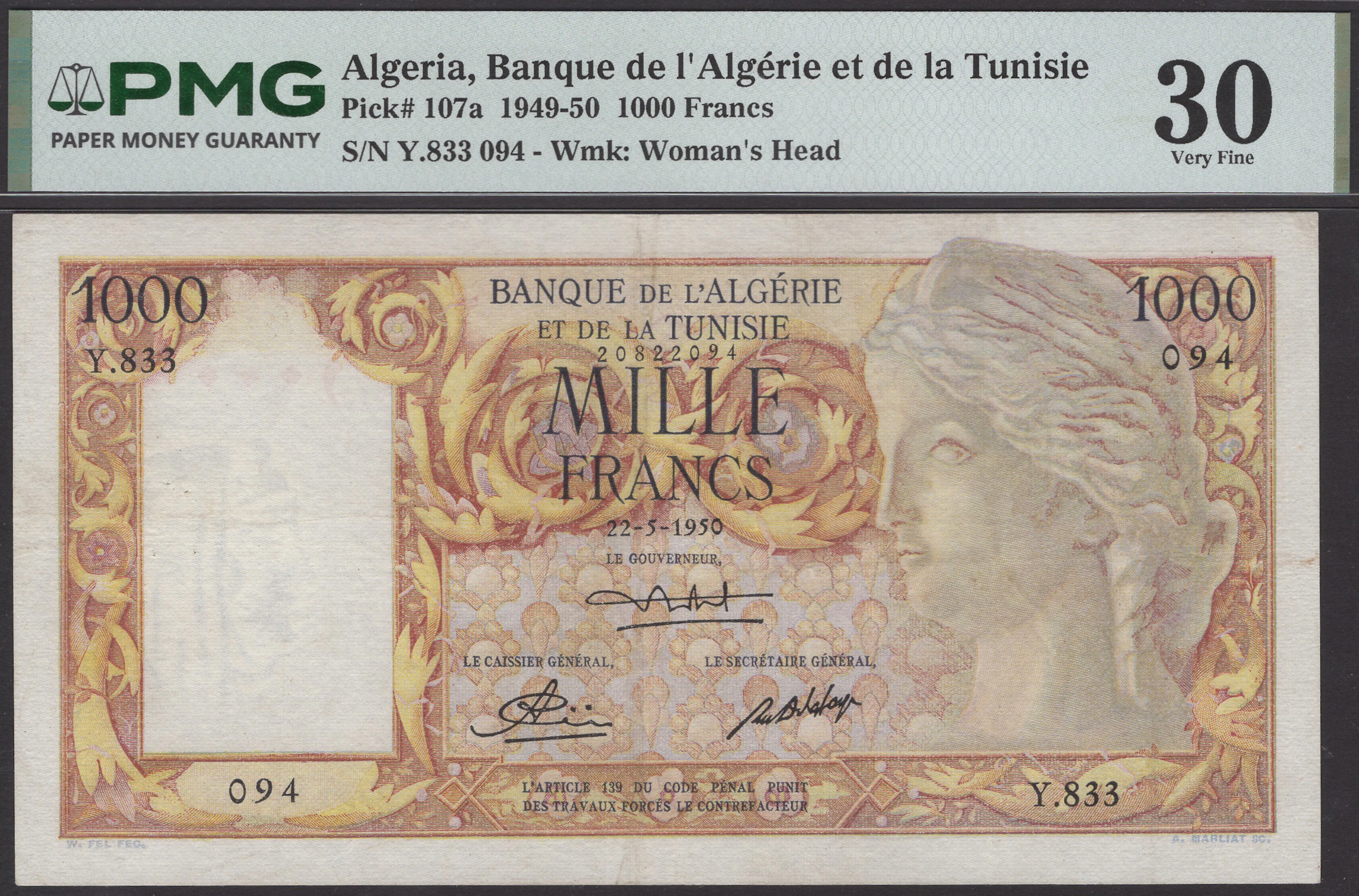 Banque de l’Algerie et de la Tunisie, 1000 Francs, 22 May 1950, serial