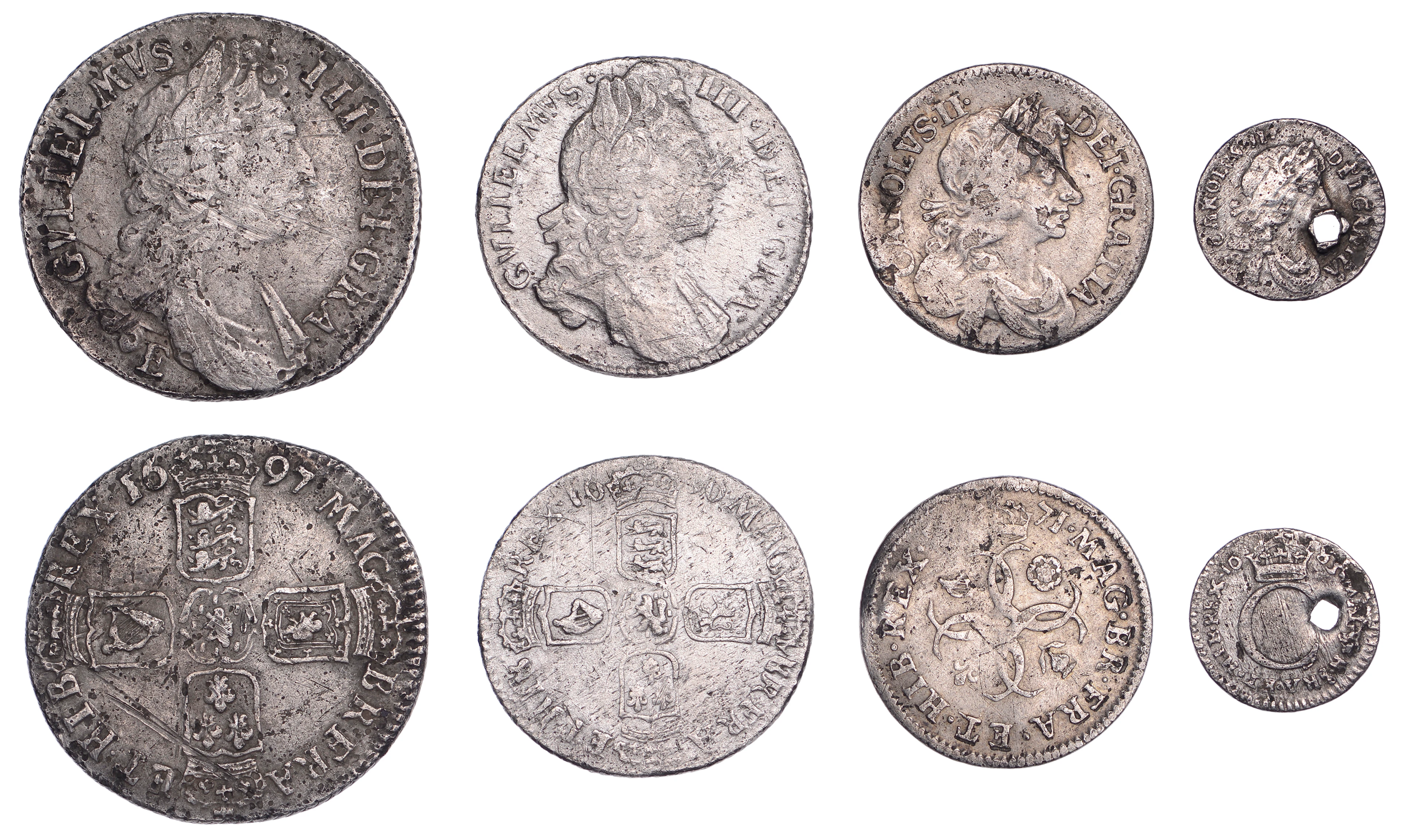 William III, Shilling, 1697e, first bust (ESC 1182; S 3500); together