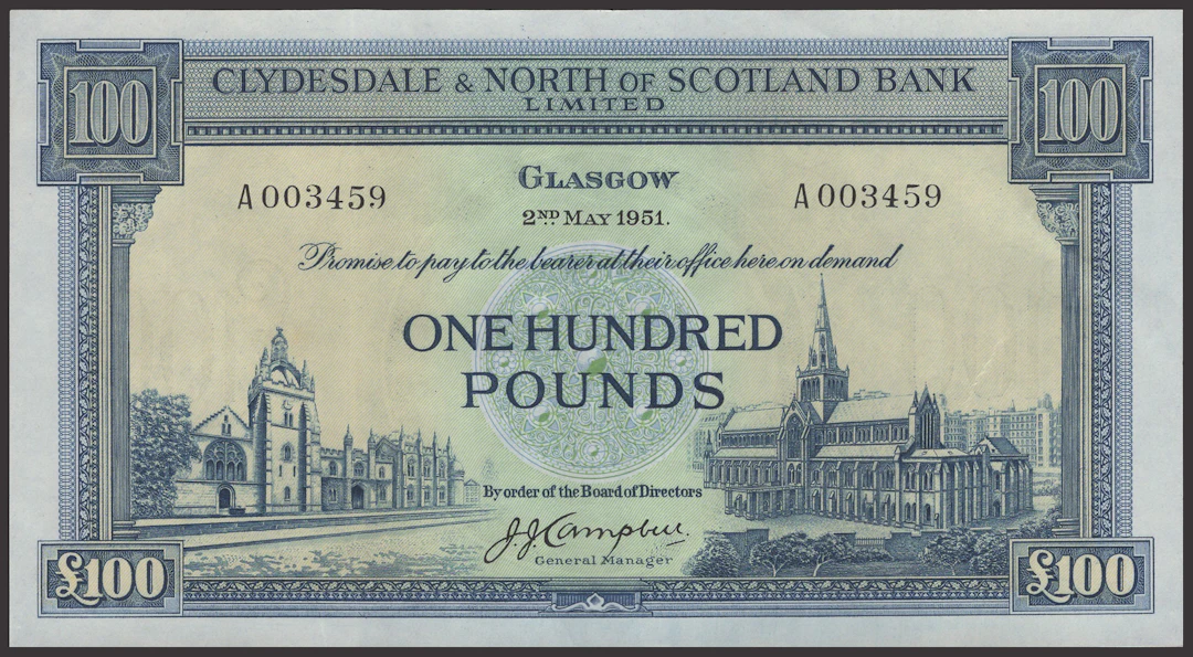 Clydesdale & North of Scotland Bank Limited, £100, 2 May 1951, serial