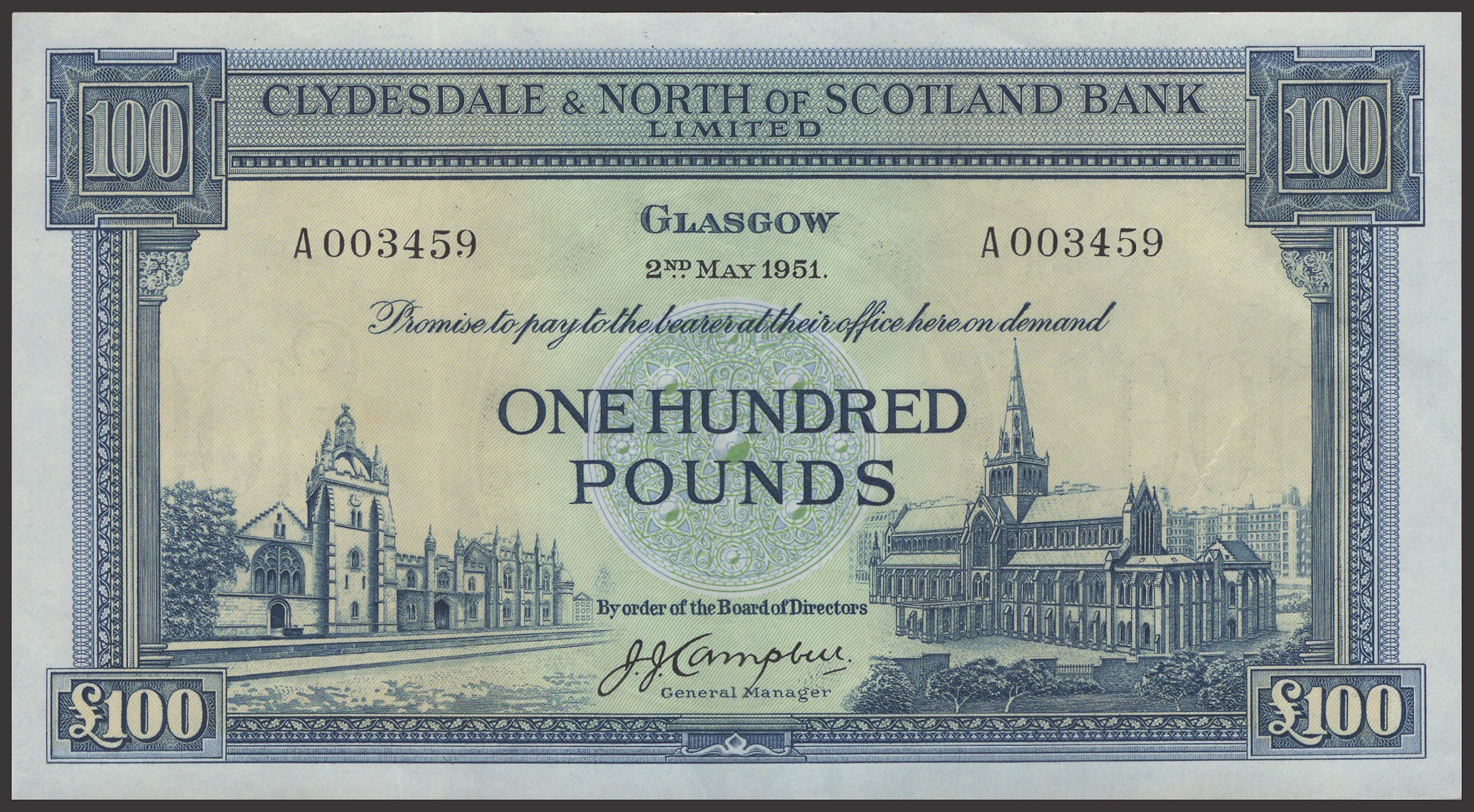Clydesdale & North of Scotland Bank Limited, £100, 2 May 1951, serial