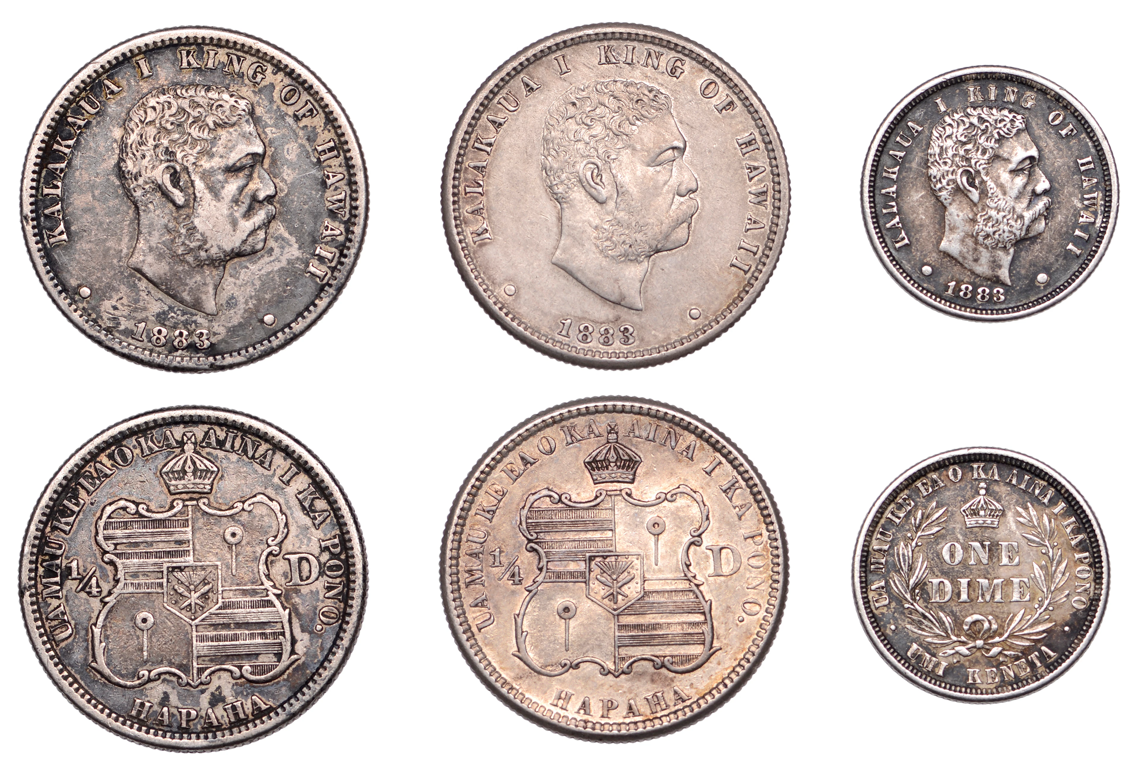 Hawaii, Kalākaua I, Quarter-Dollars (2) and Dime (1), all 1883, San