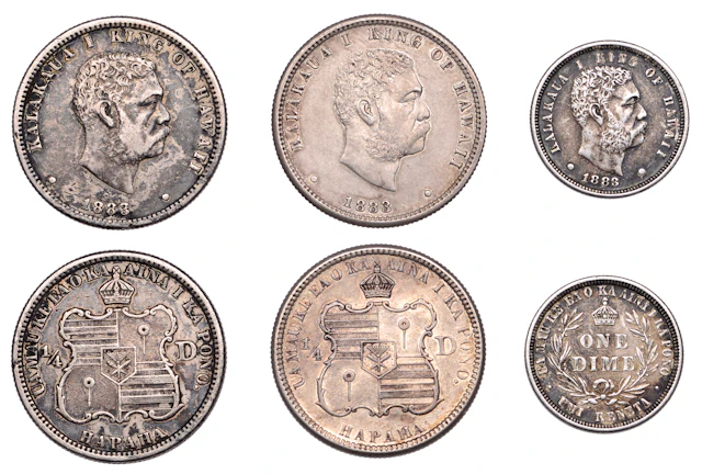 Hawaii, Kalākaua I, Quarter-Dollars (2) and Dime (1), all 1883, San