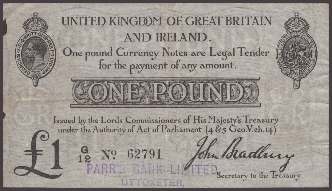 Treasury Series, John Bradbury, £1, 23 October 1914, serial number