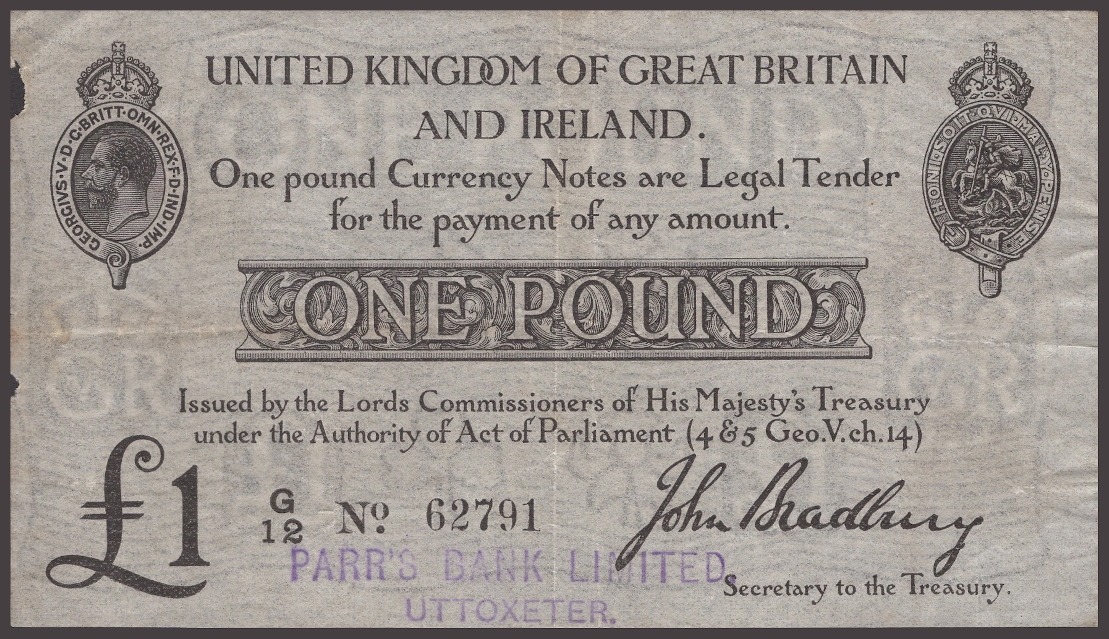 Treasury Series, John Bradbury, £1, 23 October 1914, serial number