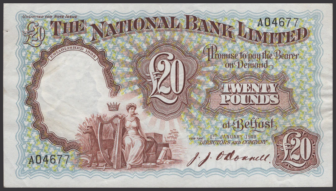 The National Bank Limited, £20, 1 January 1949, serial number A04677
