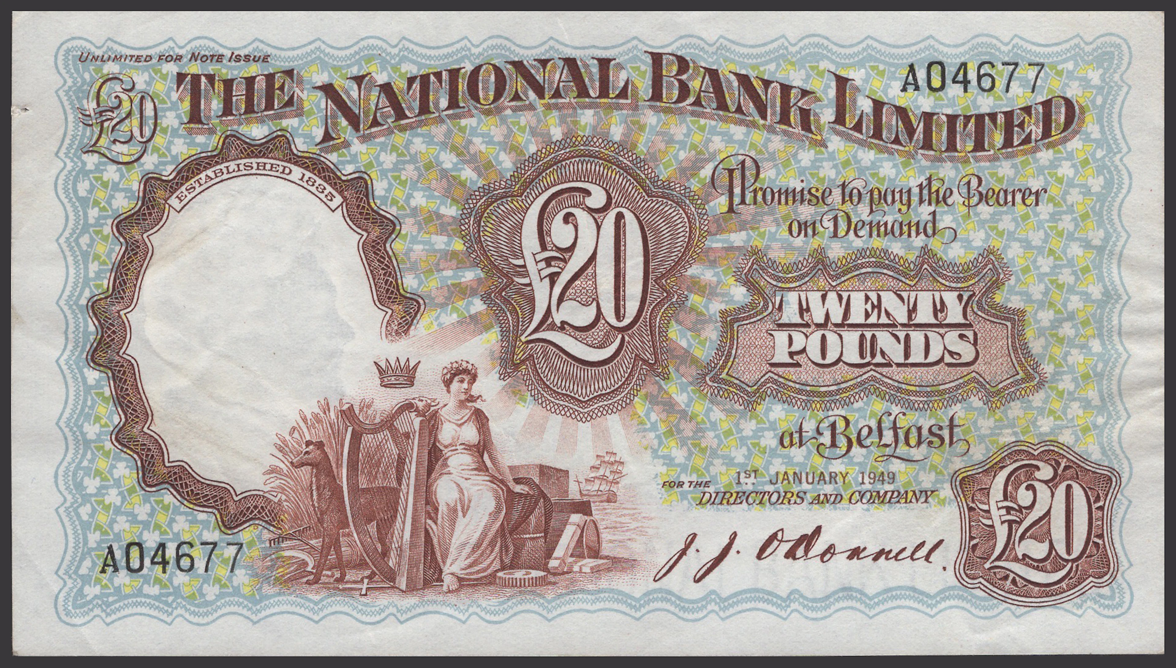 The National Bank Limited, £20, 1 January 1949, serial number A04677
