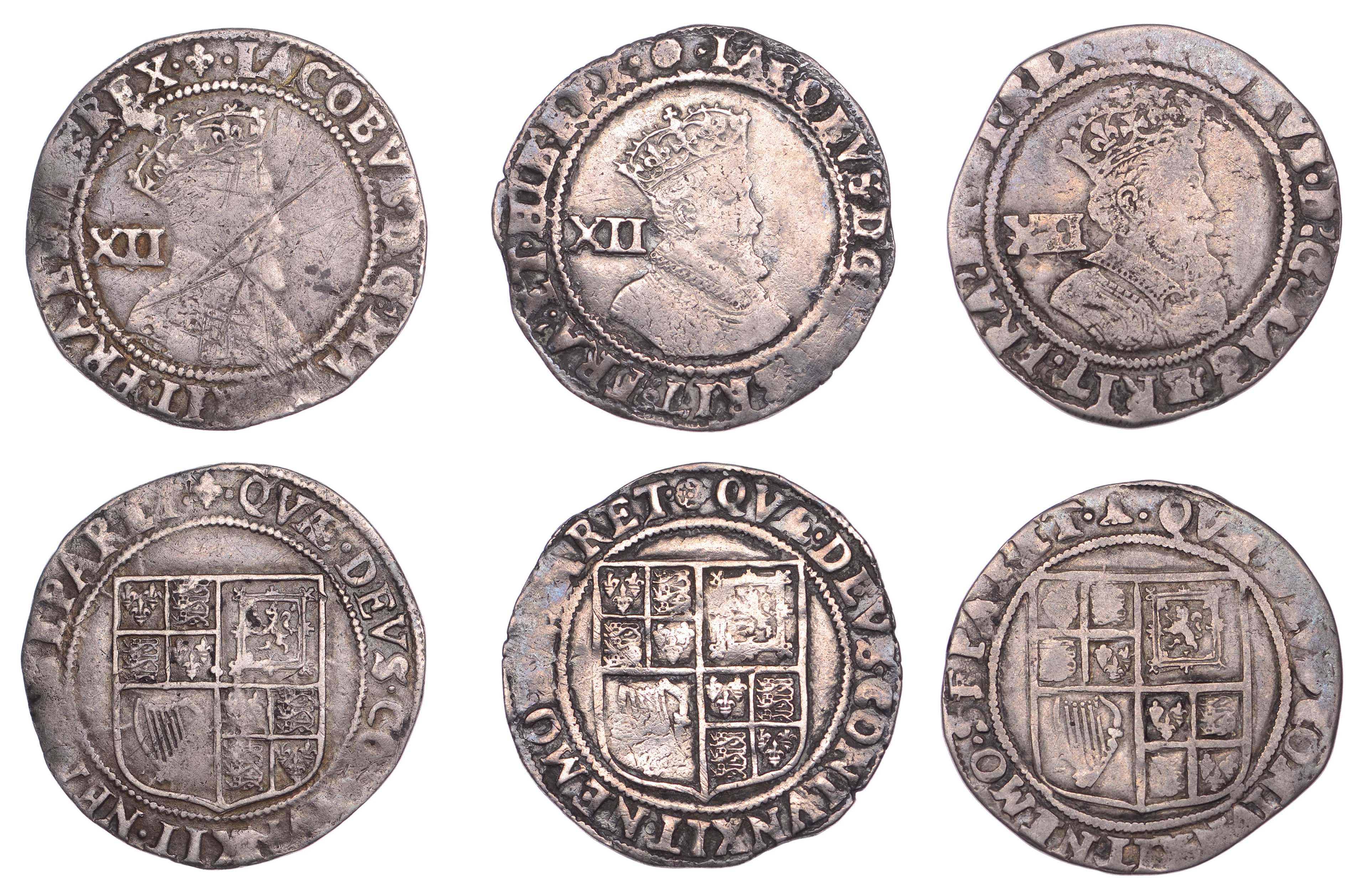 James I, Second Coinage, Shillings (3), mm. lis, third bust, 5.46g/11h;
