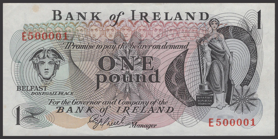 Bank of Ireland, £1, 1977, serial number E500001, O’Neill signature