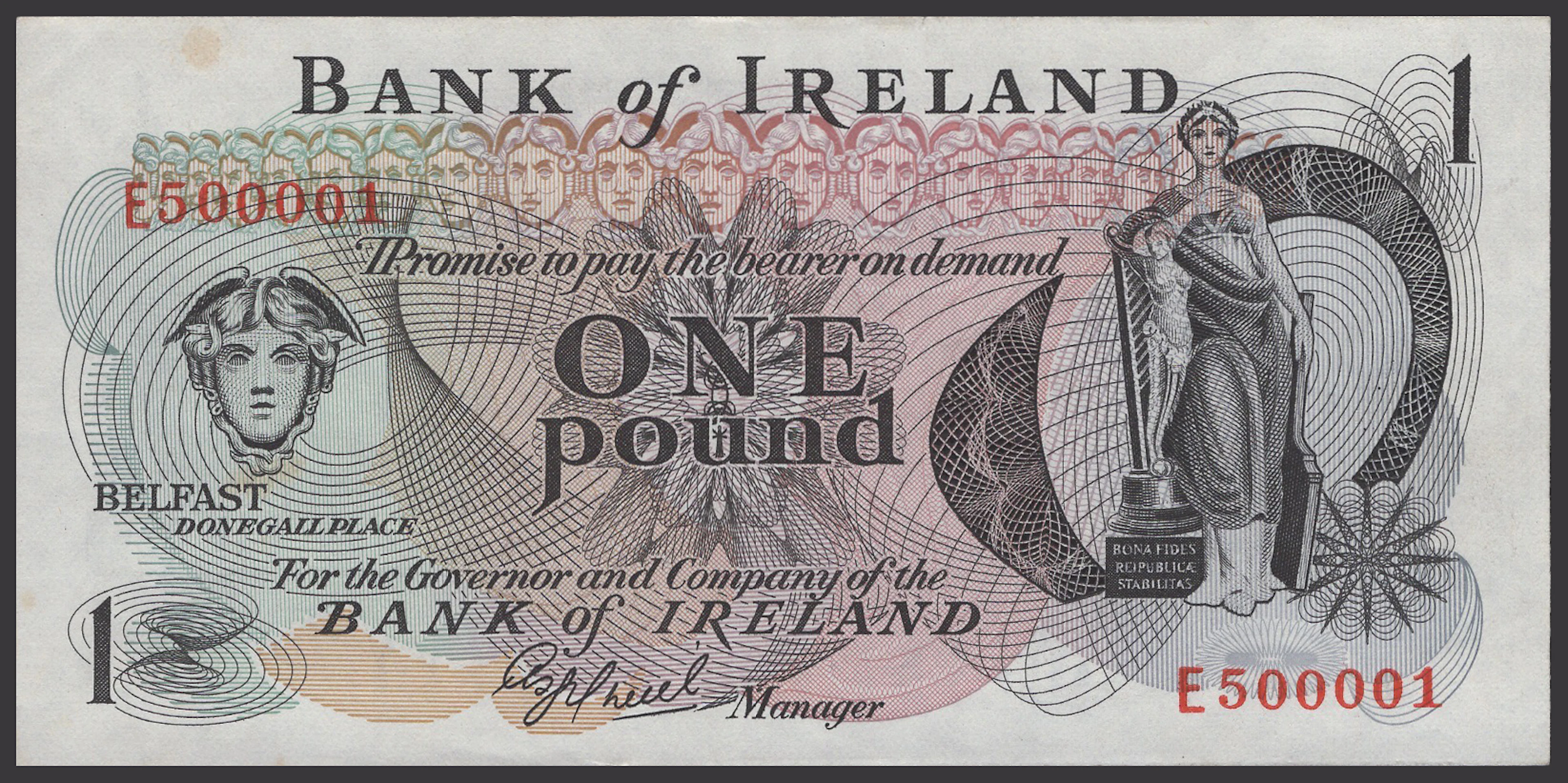 Bank of Ireland, £1, 1977, serial number E500001, O’Neill signature