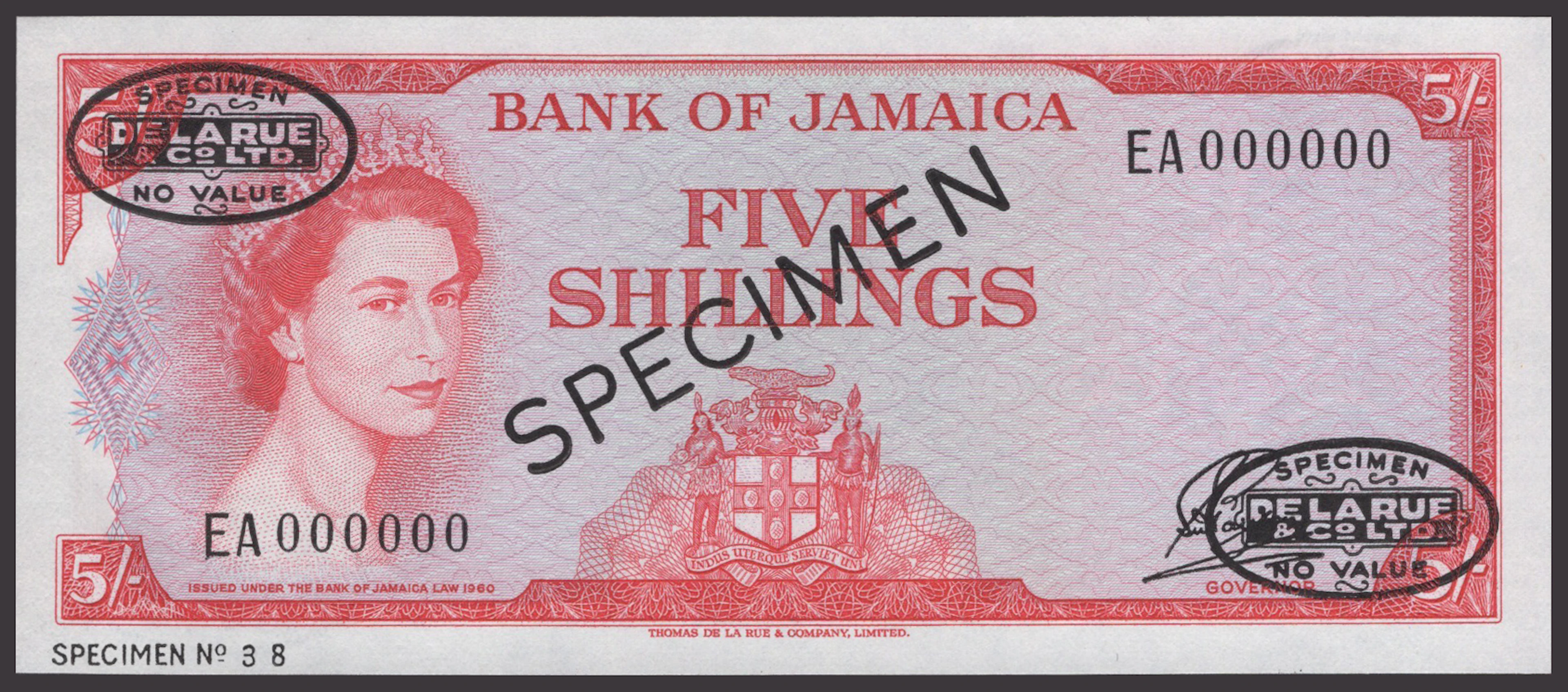 Bank of Jamaica, specimen 5 Shillings, 1960 (1961), serial number
