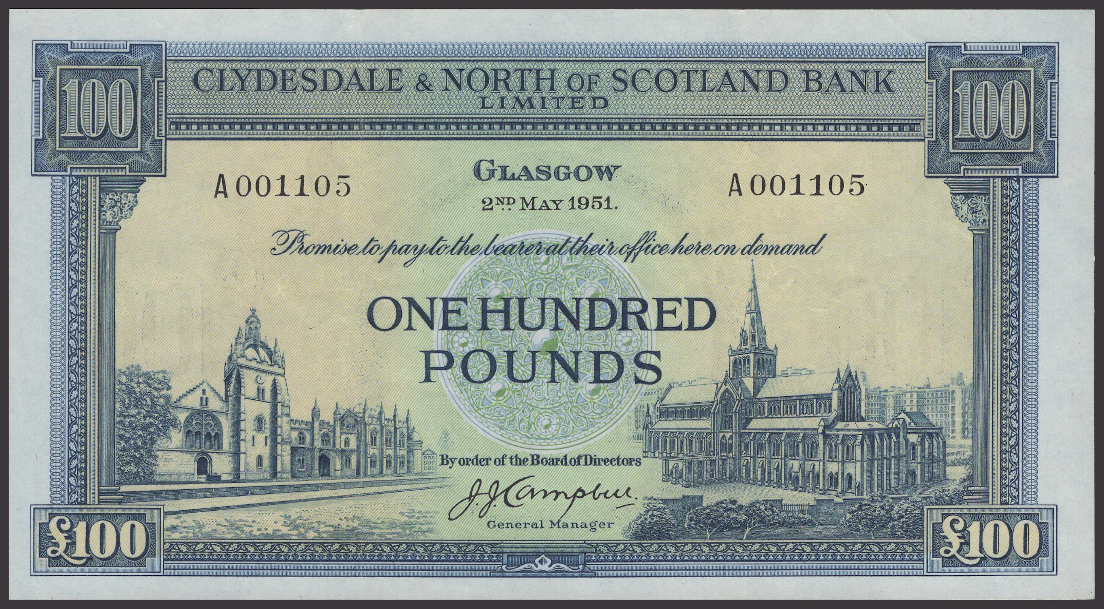 Clydesdale & North of Scotland Bank Limited, £100, 2 May 1951, serial