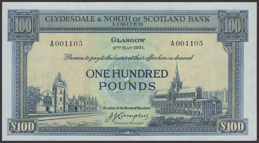 Clydesdale & North of Scotland Bank Limited, £100, 2 May 1951, serial