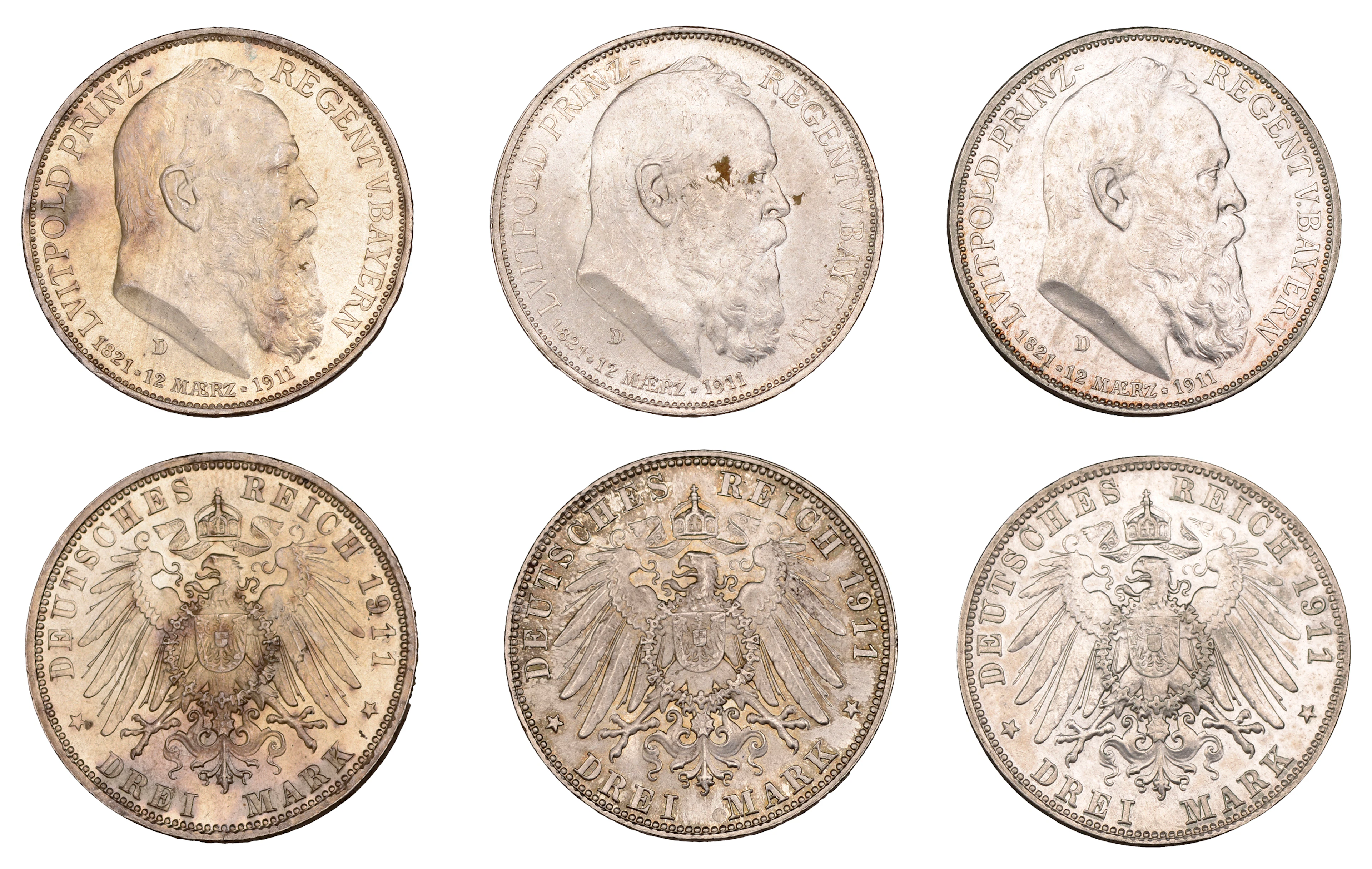 Germany, Bavaria, Luitpold, 3 Mark (3), all 1911d, 90th Birthday of
