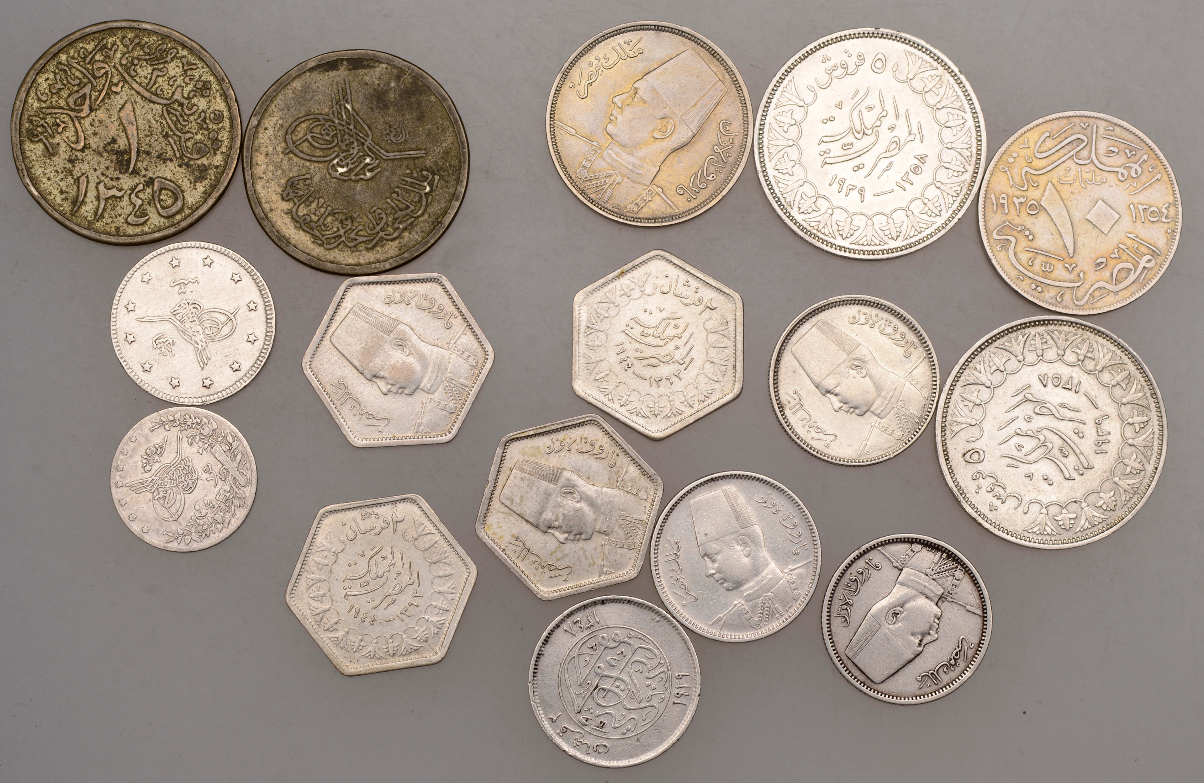 Egypt, Farouk I, 10 Qirsh (2), both AH 1358 (1939), 2 Qirsh (7), AH