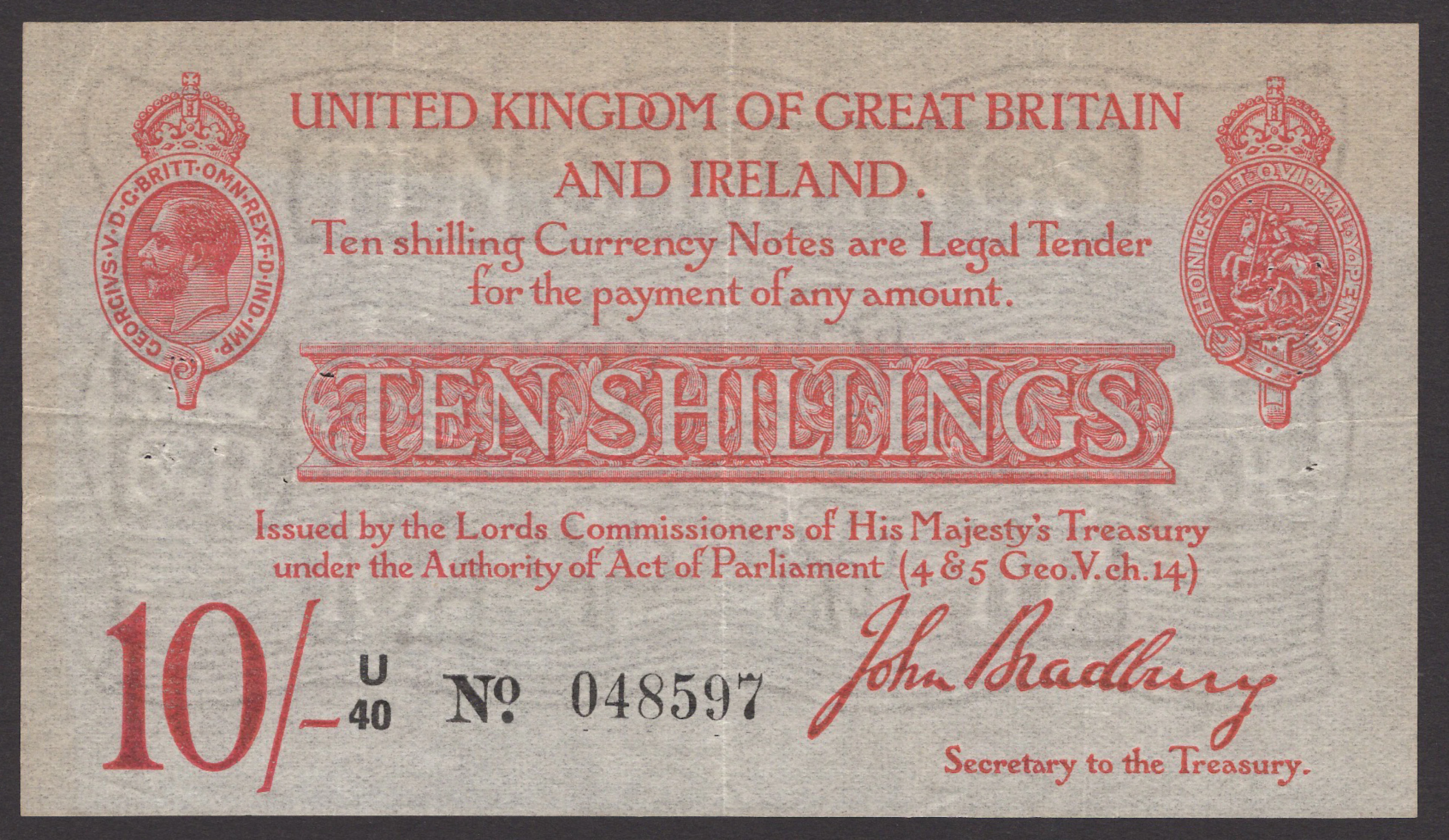 Treasury Series, John Bradbury, 10 Shillings, 21 January 1915, serial