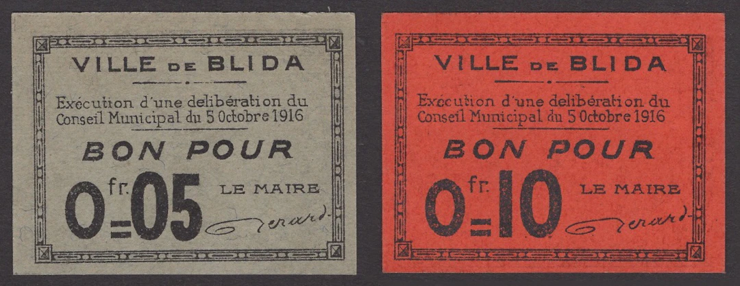Ville de Blida, 5 and 10 Centimes, 5 October 1916, black print on