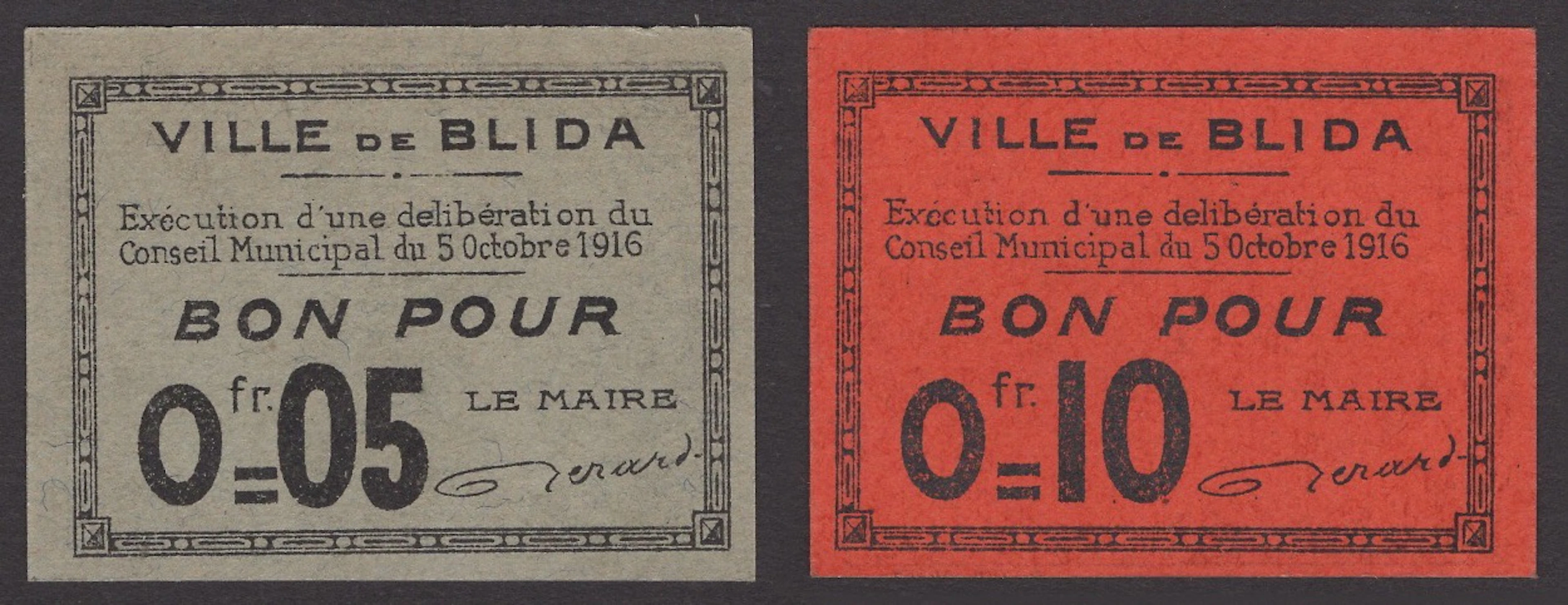 Ville de Blida, 5 and 10 Centimes, 5 October 1916, black print on
