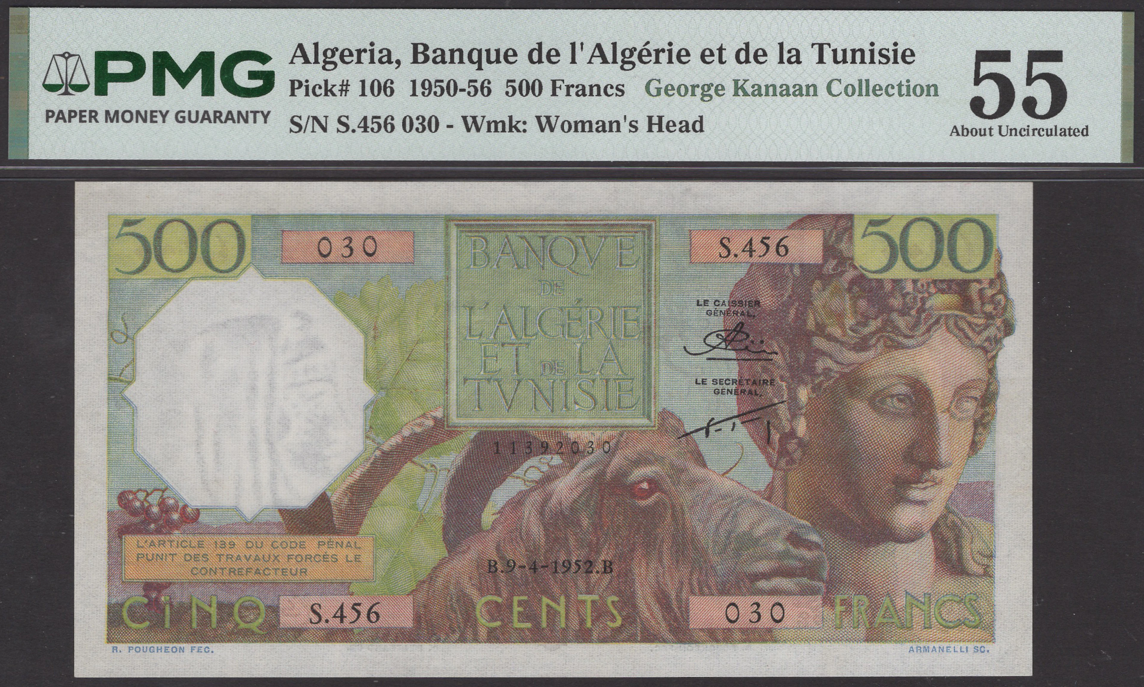 Banque de l’Algerie et de la Tunisie, 500 Francs, 9 April 1952, serial