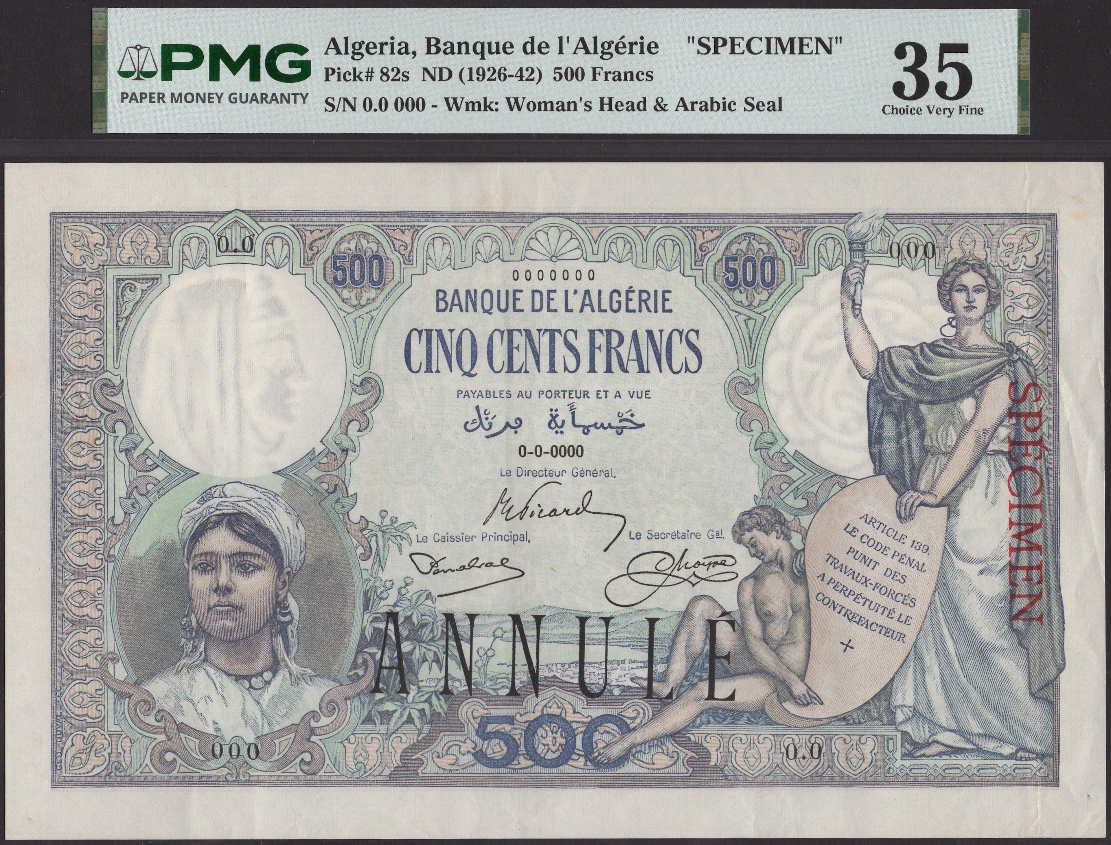 Banque de l’Algerie, specimen 500 Francs, ND (1926), serial number