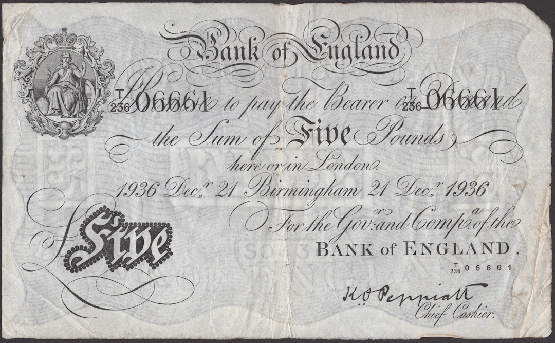 Bank of England, Kenneth O. Peppiatt, £5, Birmingham, 21 December