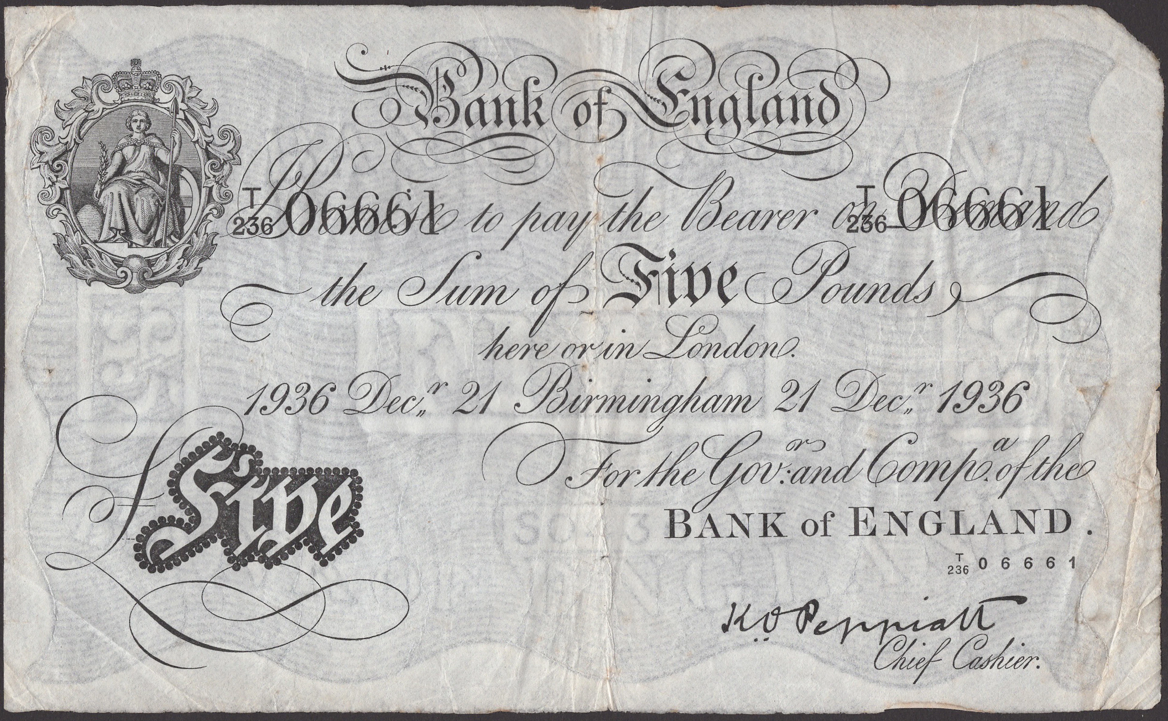 Bank of England, Kenneth O. Peppiatt, £5, Birmingham, 21 December