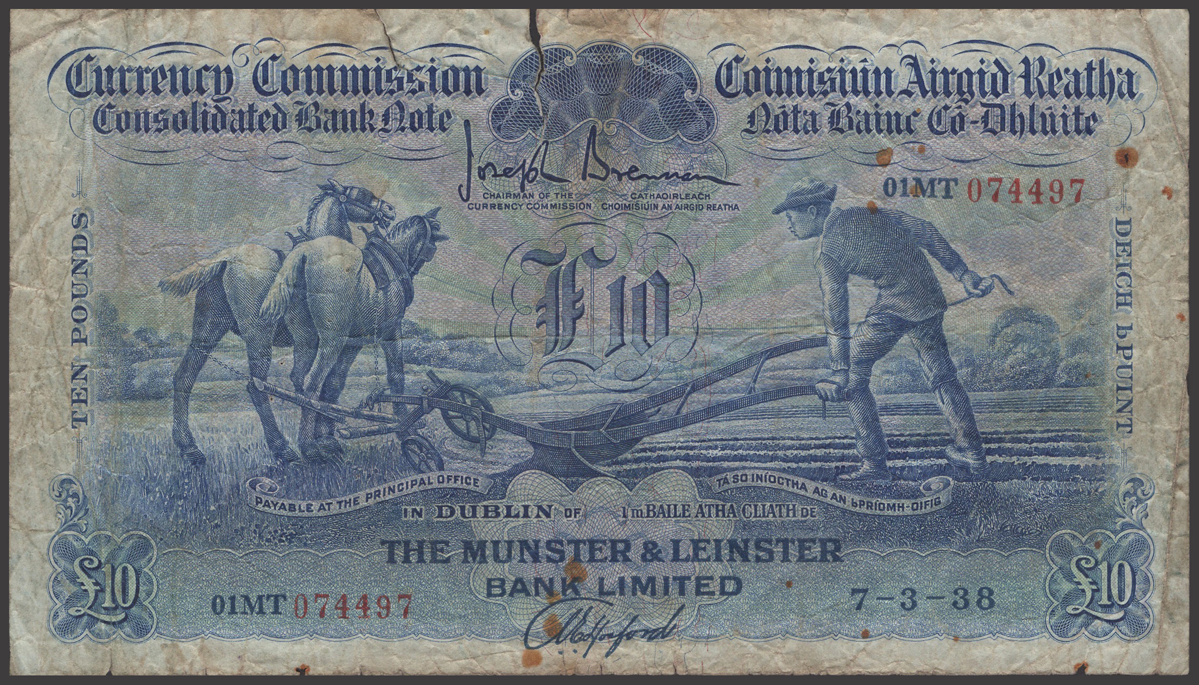 Currency Commission, Munster & Leinster Bank Ltd, £10, 7 March 1938