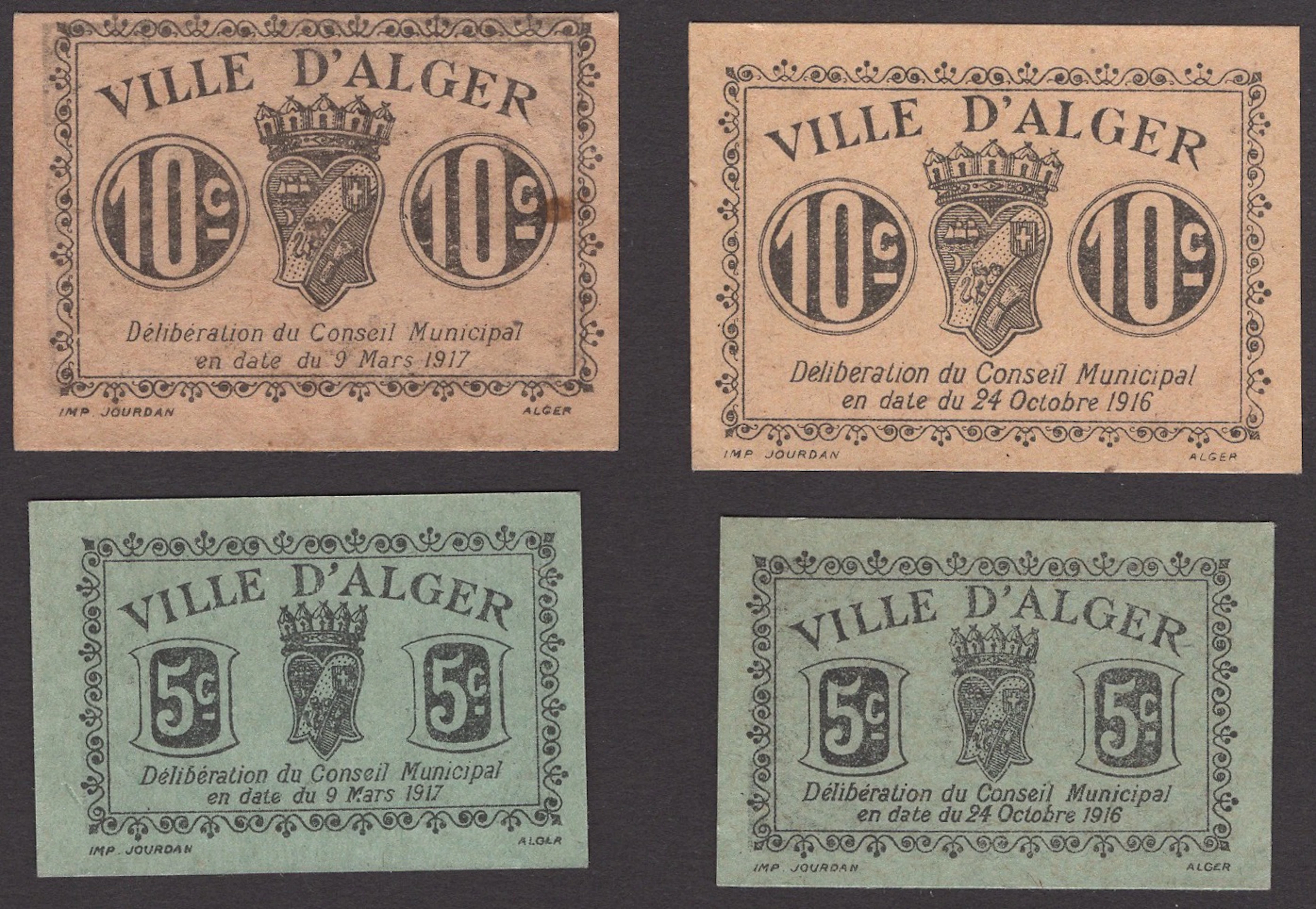 Ville d’Alger, 5 and 10 Centimes, 24 October 1916, and 5 and 10 Centimes