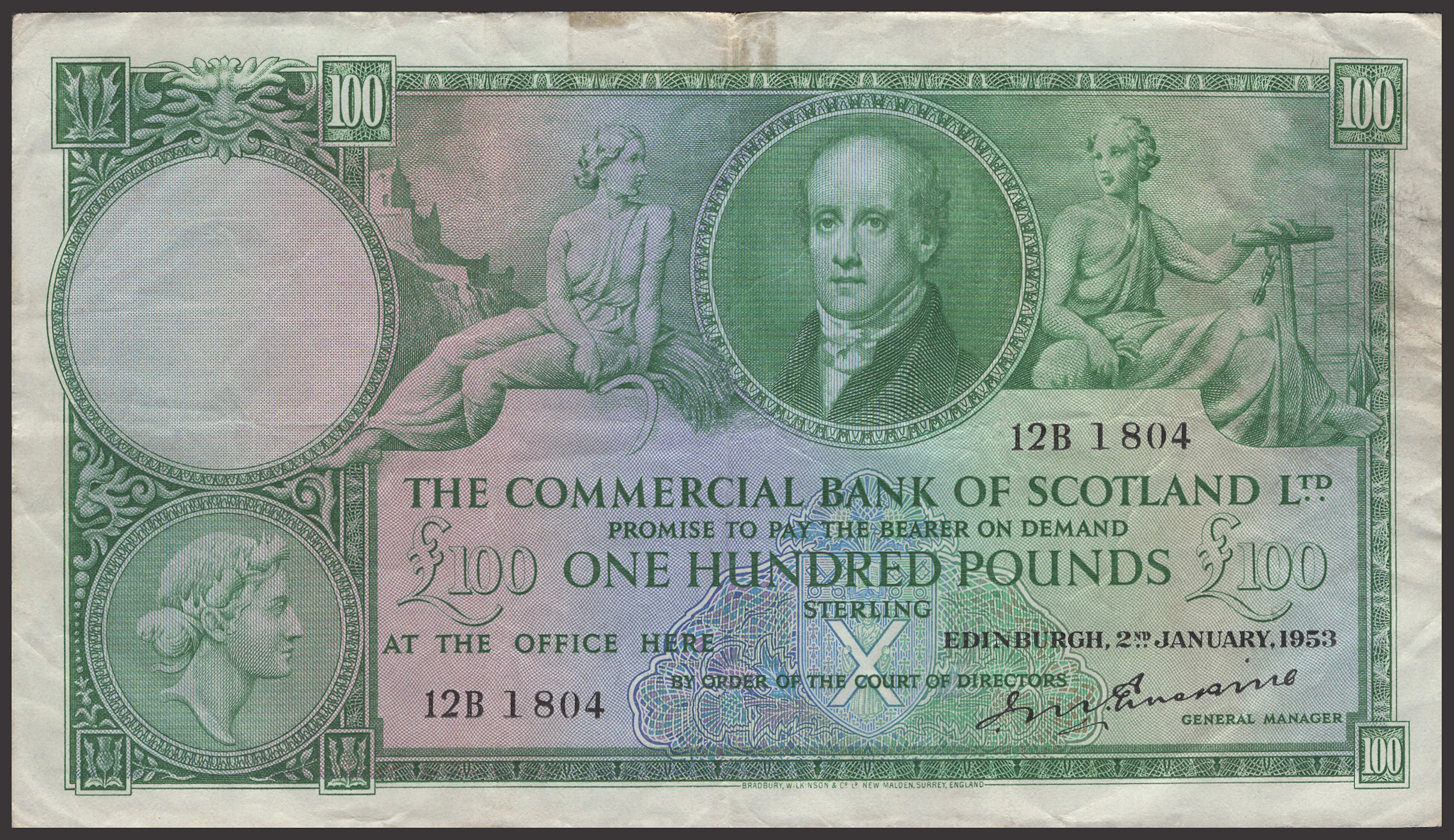 Commercial Bank of Scotland Limited, £100, 2 January 1953, serial